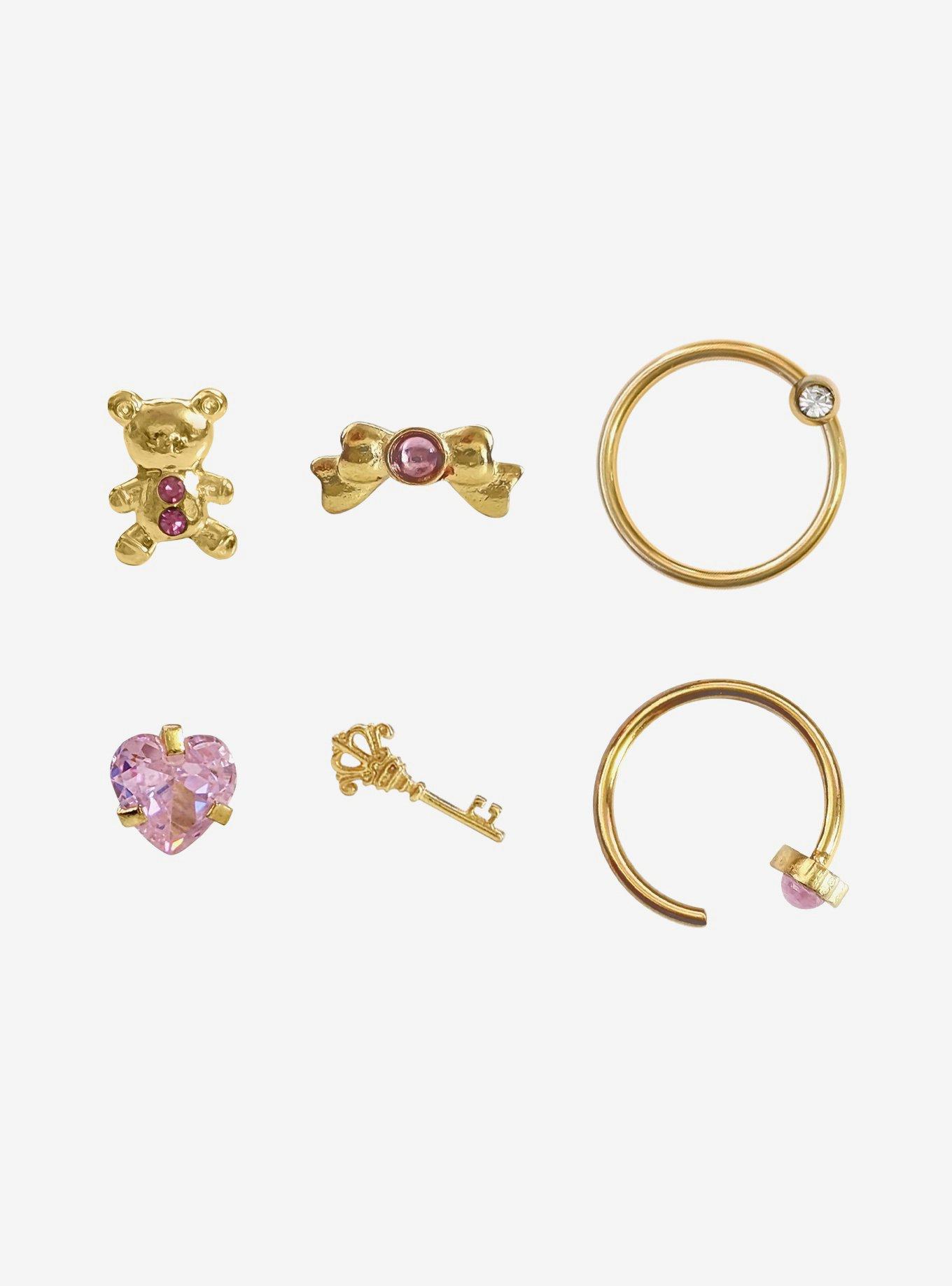 Steel Kawaii Teddy Bear Heart Nose Stud & Hoop 6 Pack, MULTI, hi-res