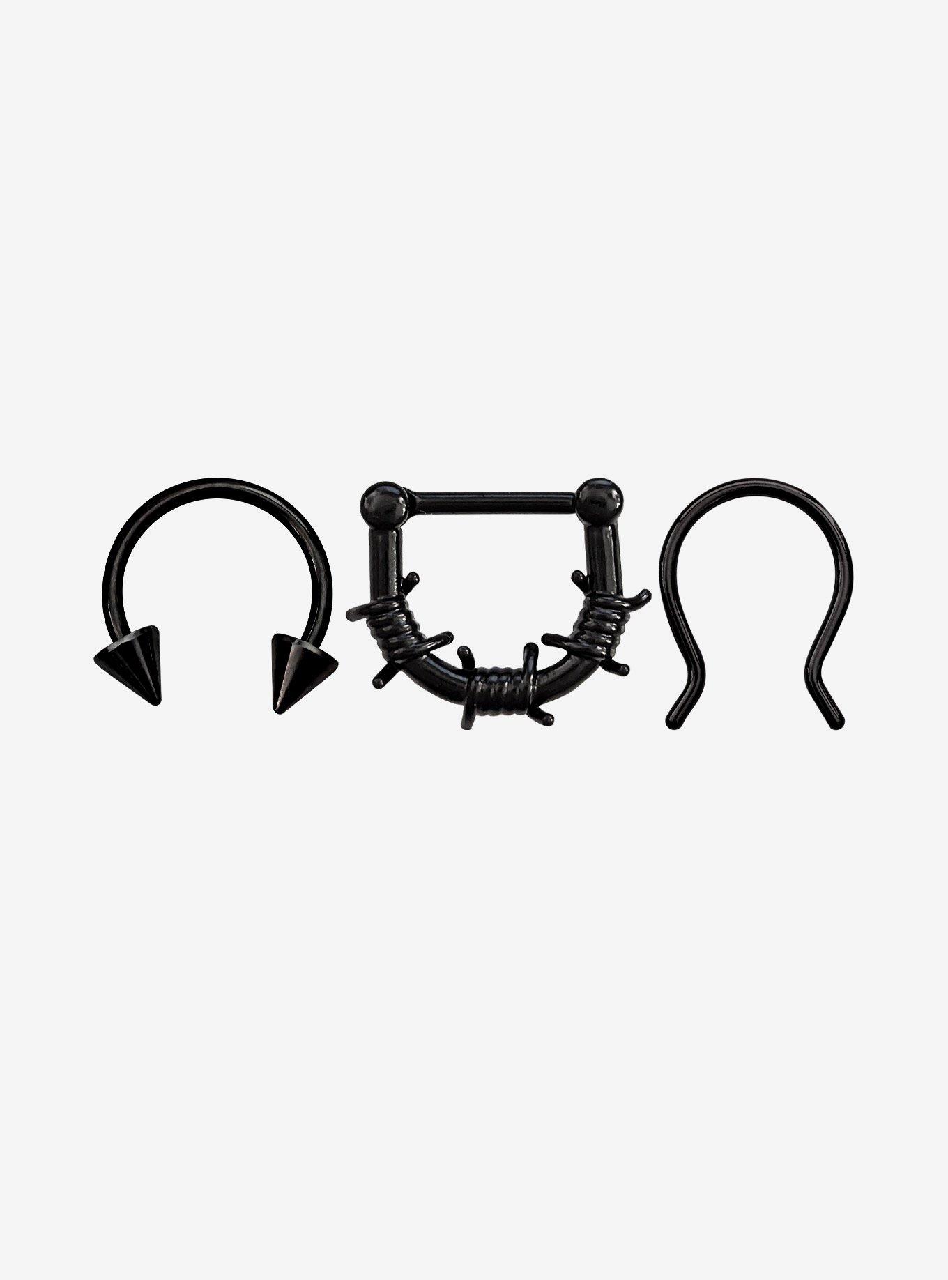 Steel Black Barbed Wire Septum Clicker & Barbell 3 Pack, , hi-res