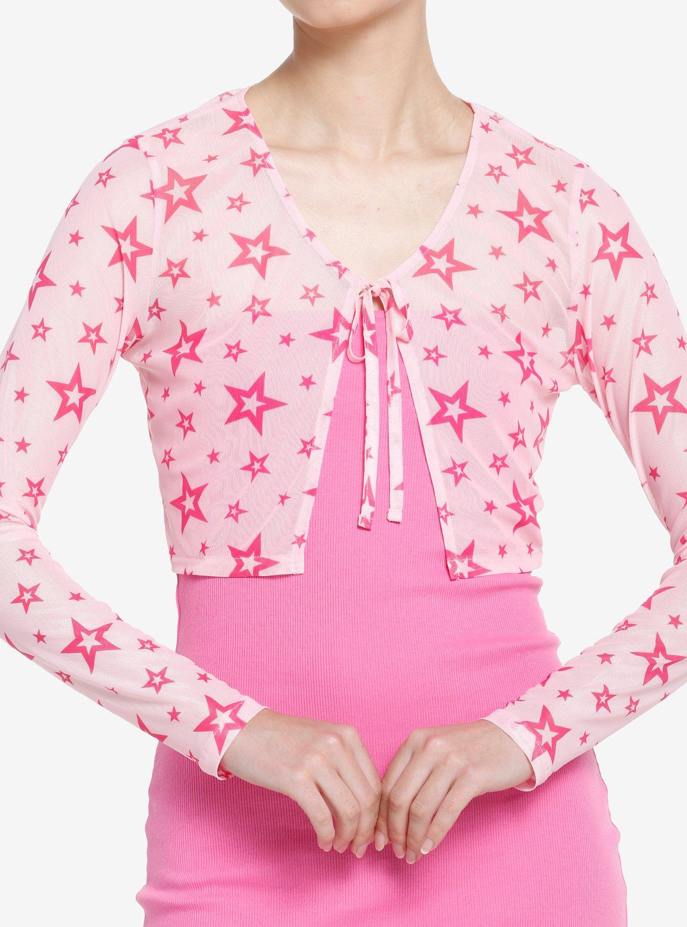 Sweet Society Star Mesh Tie-Front Girls Crop Long-Sleeve Top, STARS, hi-res