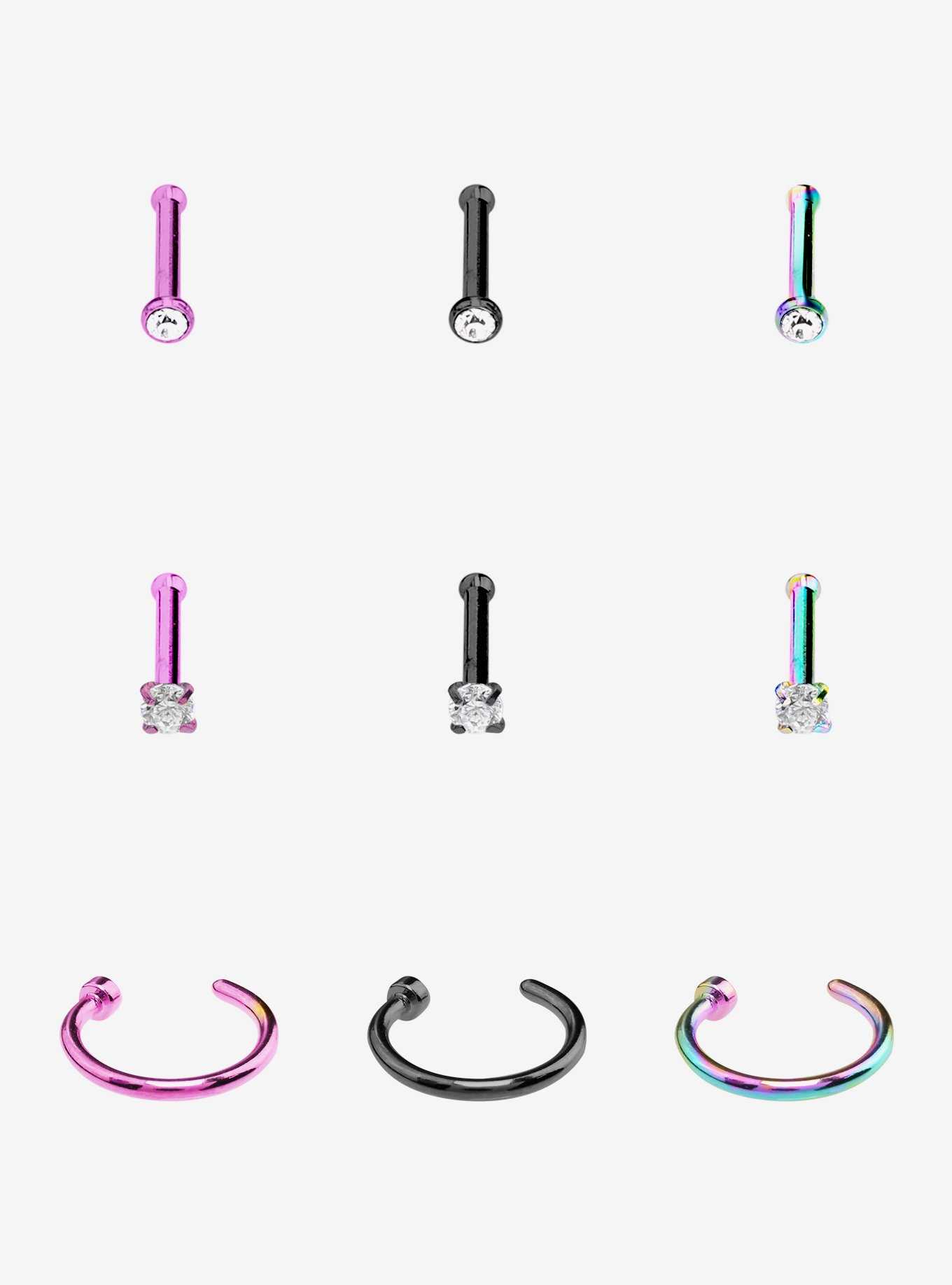 Steel Anodized Gem Nose Stud & Hoop 9 Pack, , hi-res