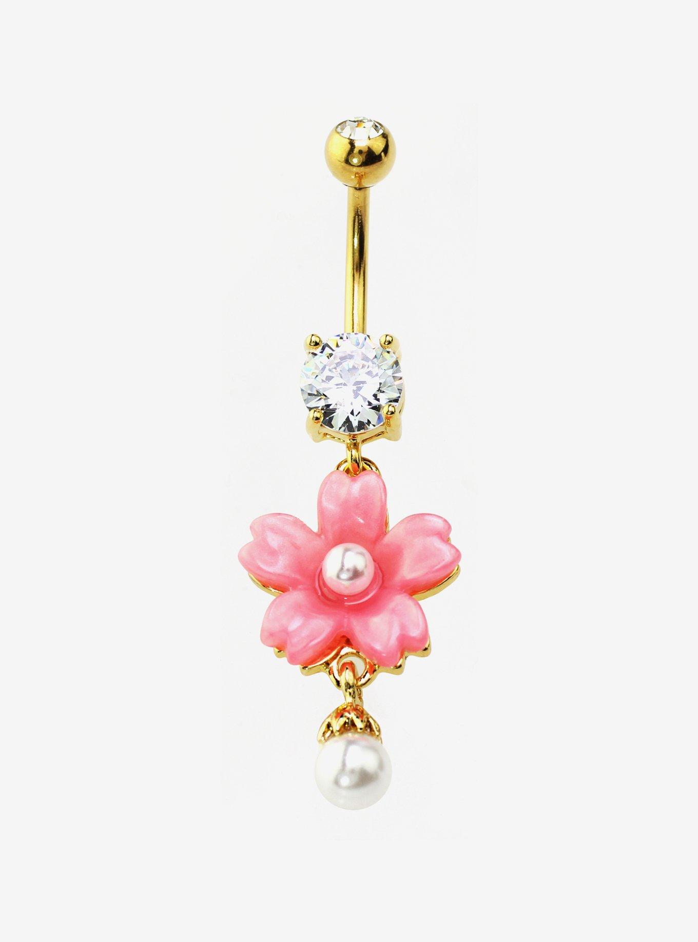 14G Steel Sakura Pearl Navel Barbell, , hi-res