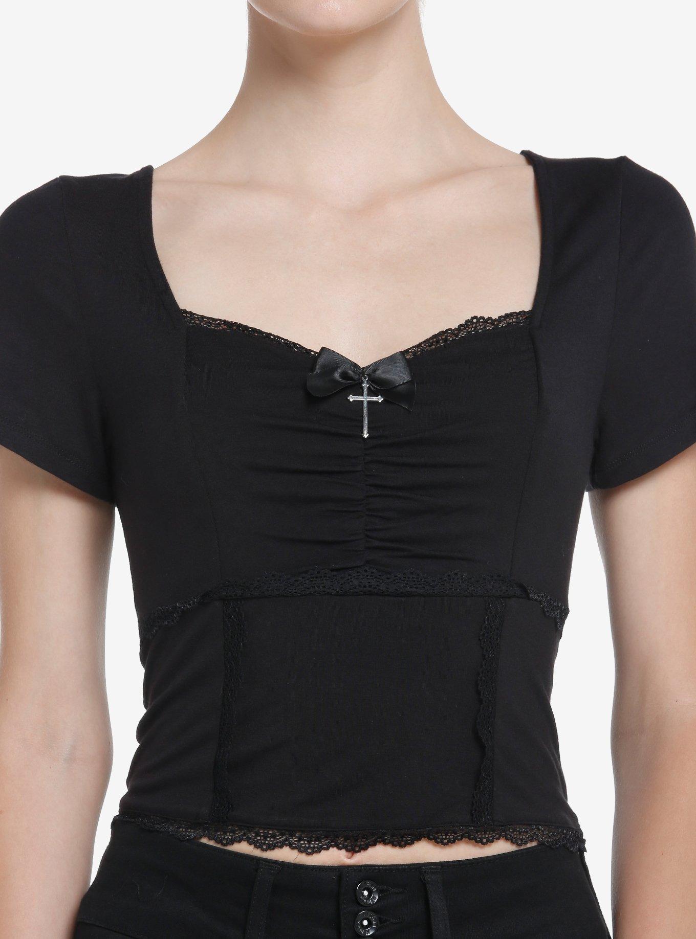 Cosmic Aura Black Cross Ruched Girls Crop Top, BLACK, hi-res