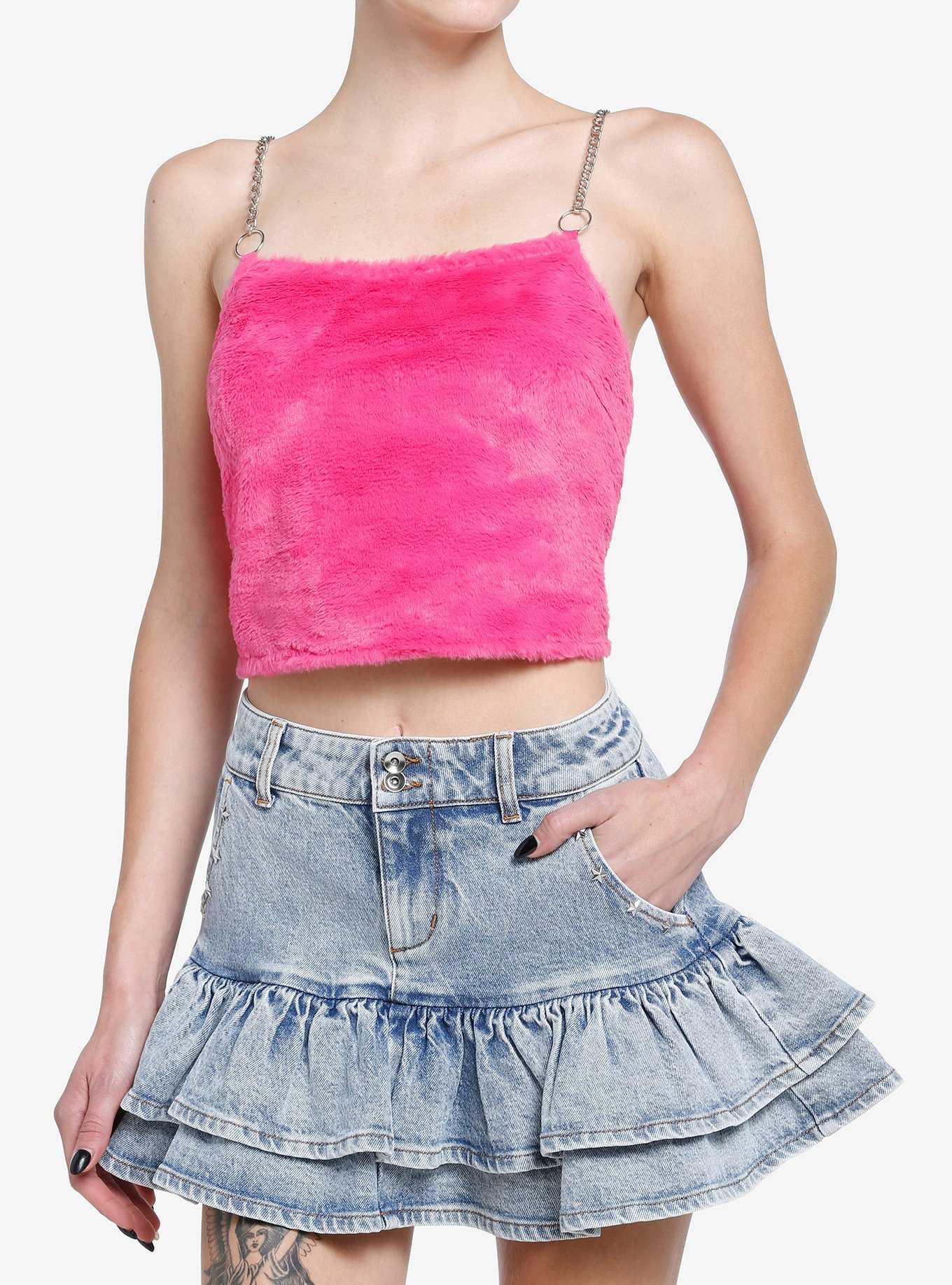 Sweet Society Hot Pink Fuzzy Chain Girls Crop Cami, , hi-res