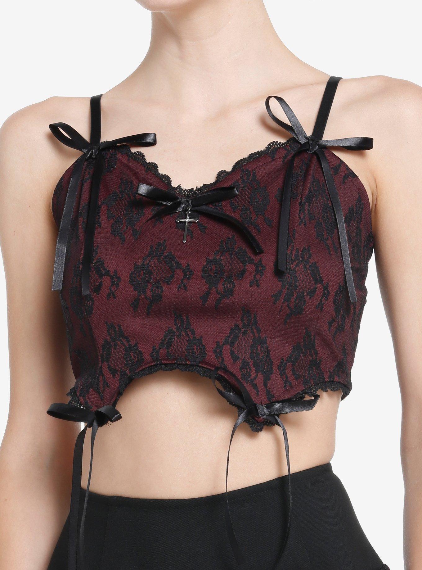 Cosmic Aura Burgundy Lace Cross Girls Crop Corset, RED, hi-res