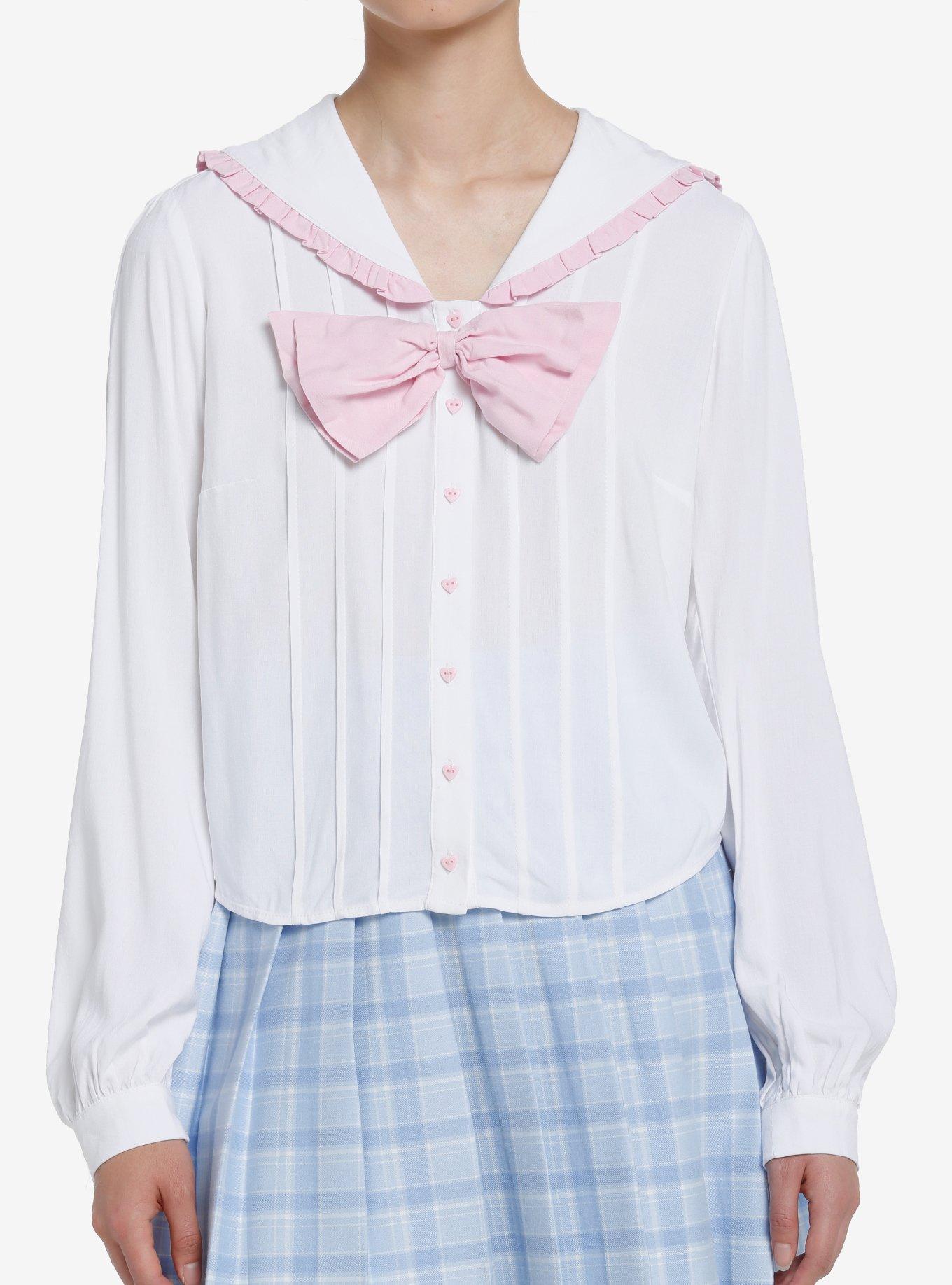 Sweet Society Bunny Sailor Collar Girls Long-Sleeve Woven Top, BRIGHT WHITE, hi-res