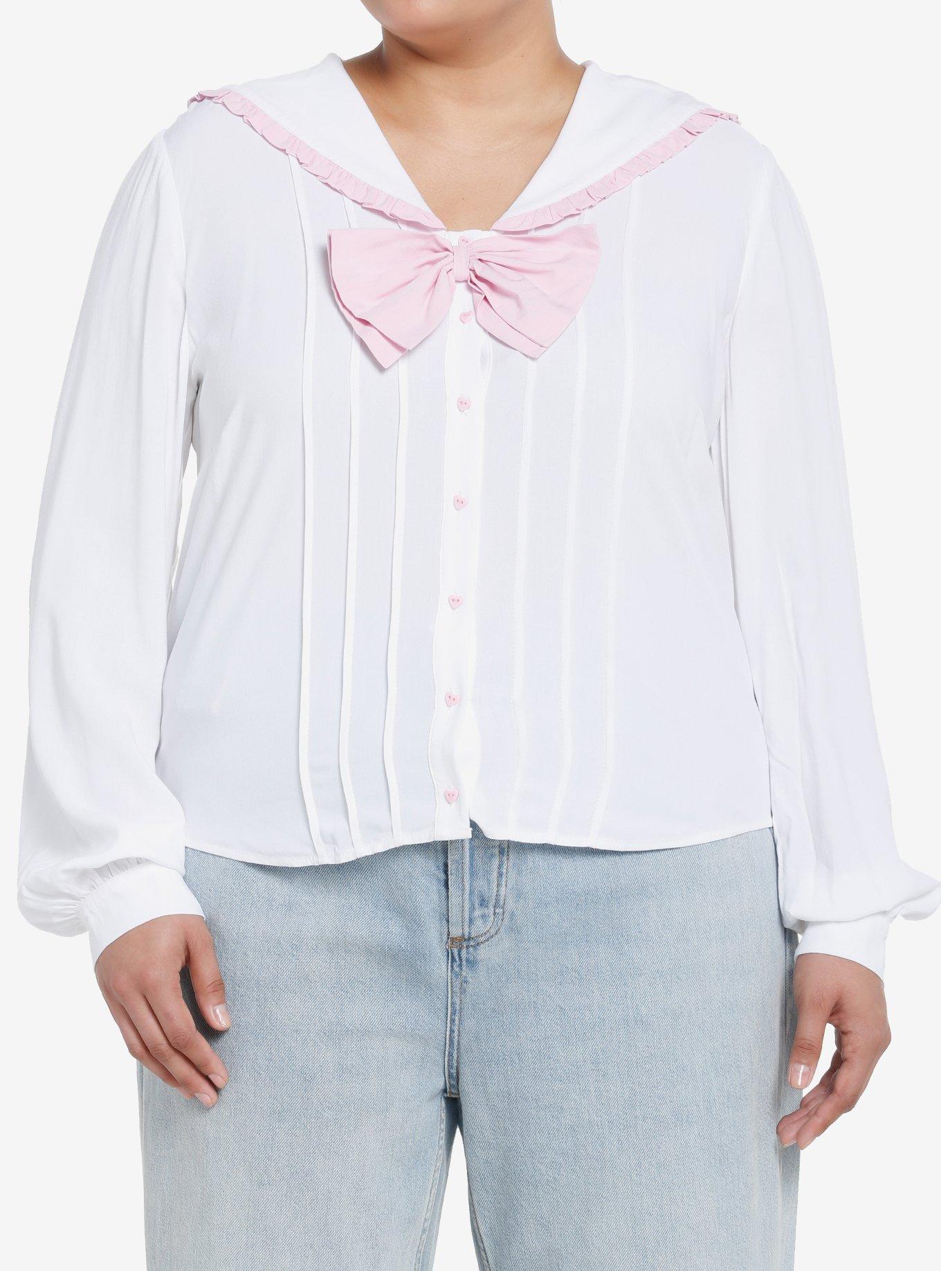 Sweet Society Bunny Sailor Collar Girls Long-Sleeve Woven Top Plus Size, BRIGHT WHITE, hi-res