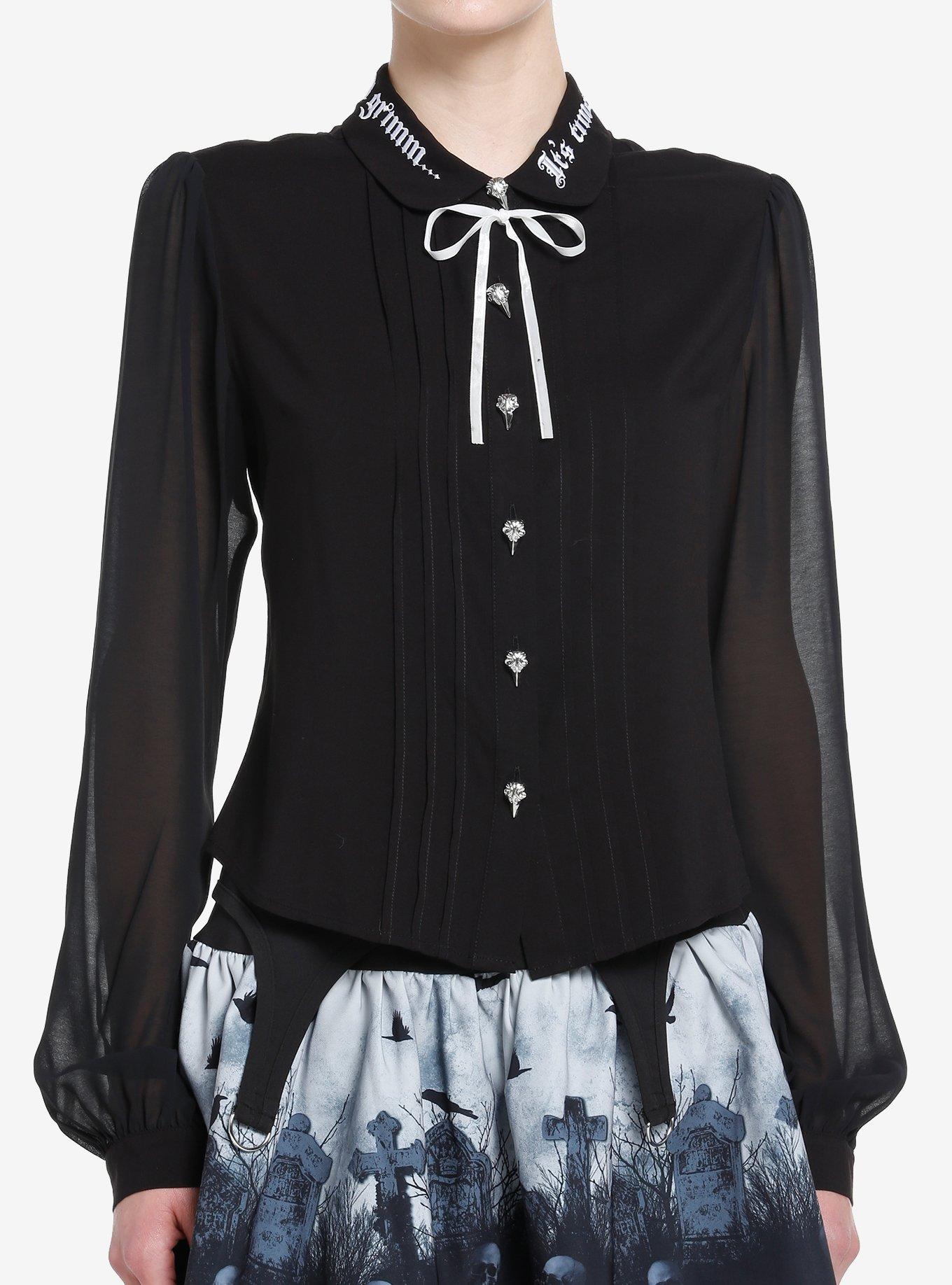 Thorn & Fable Dark Fairy Tale Mesh Girls Long-Sleeve Woven Button-Up, BLACK, hi-res