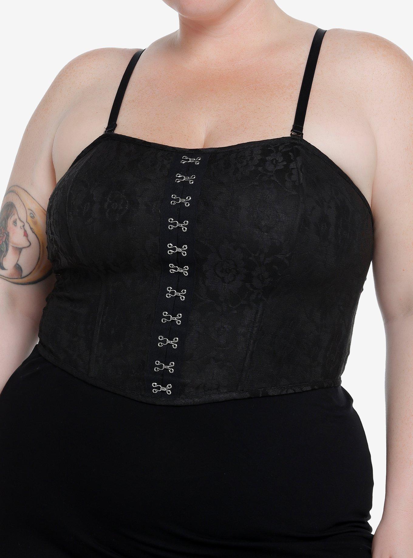Thorn & Fable Black Lace Girls Crop Corset Plus Size, BLACK, hi-res