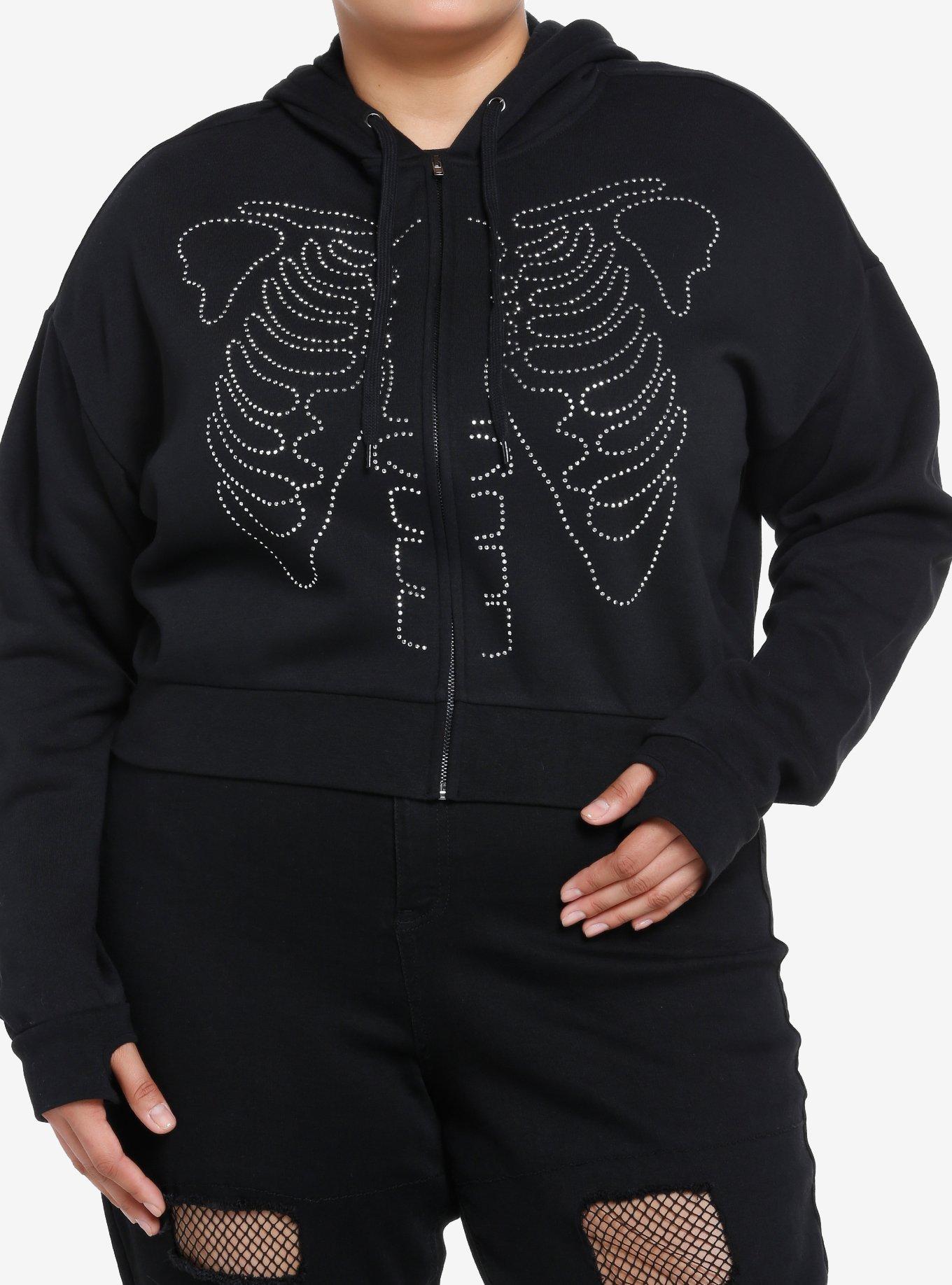 Thorn & Fable Skeleton Stud Girls Crop Hoodie Plus Size, BLACK, hi-res