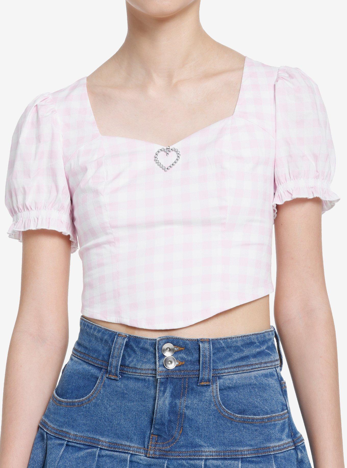 Pink Gingham Heart Pendant Girls Crop Top, GINGHAM - IVORY, hi-res