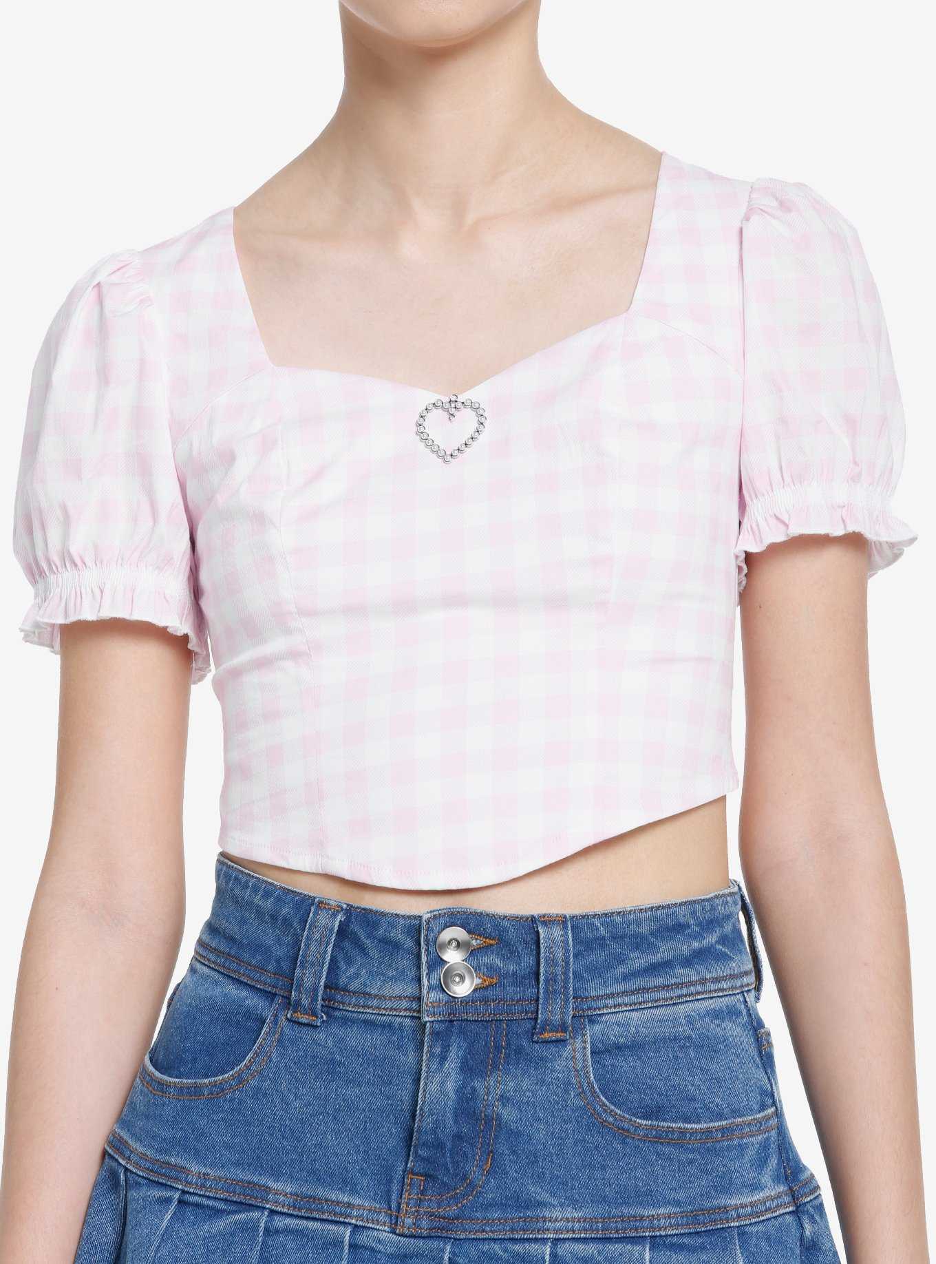 Pink Gingham Heart Pendant Girls Crop Top, , hi-res