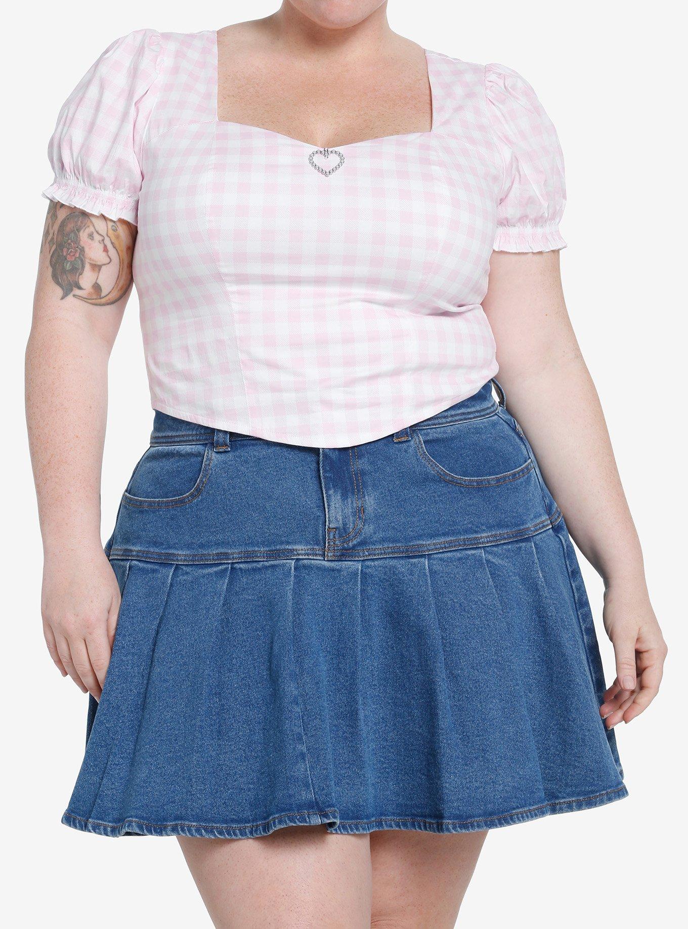 Pink Gingham Heart Pendant Girls Crop Top Plus Size, , hi-res