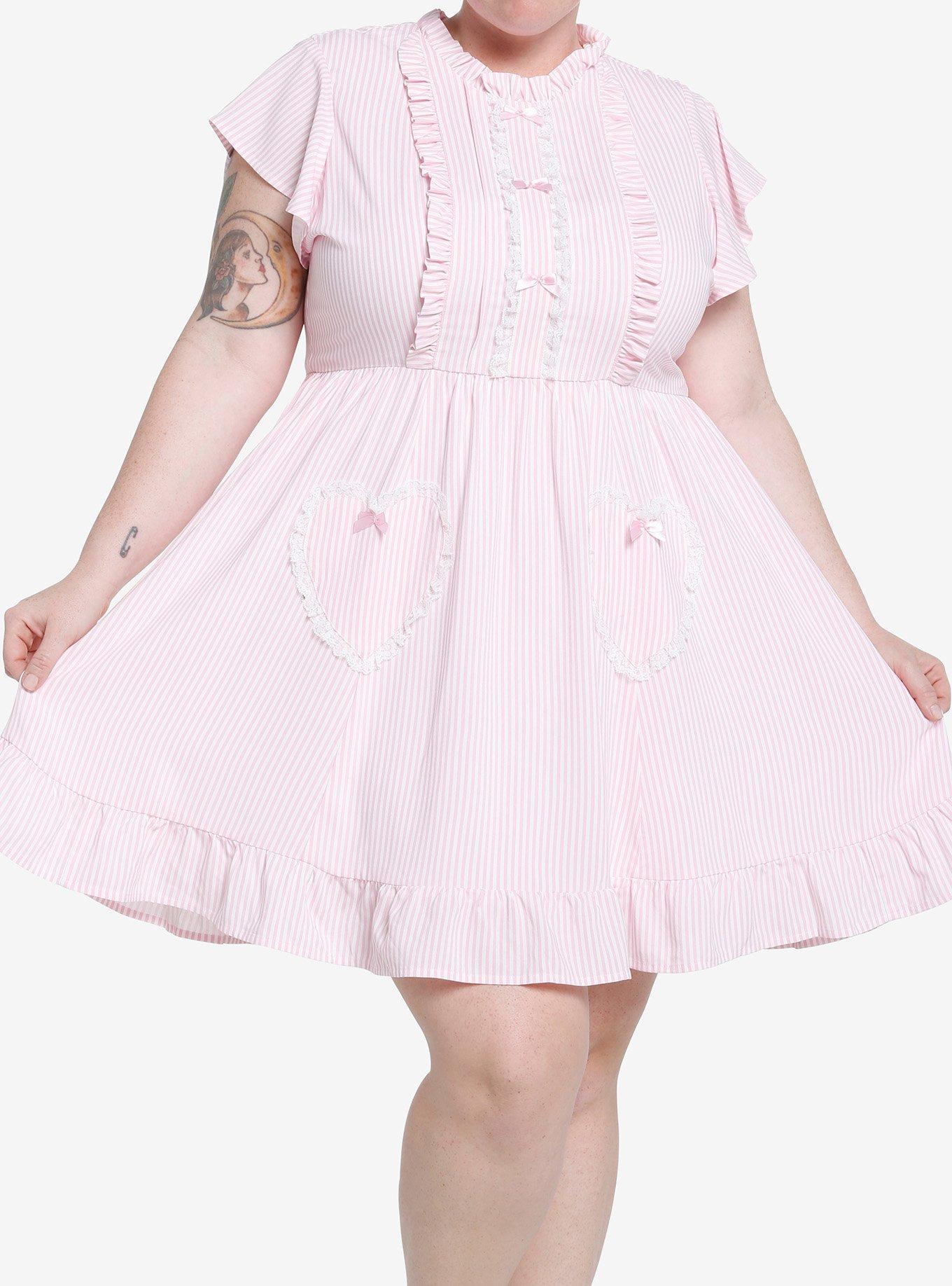 Sweet Society Pink Pinstripe Heart Ruffle Dress Plus Size, STRIPE-PINK, hi-res