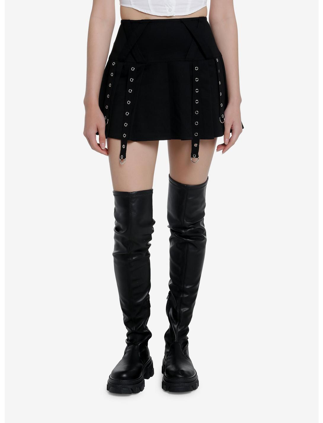 Social Collision Black Grommet Pleated Skirt, BLACK, hi-res