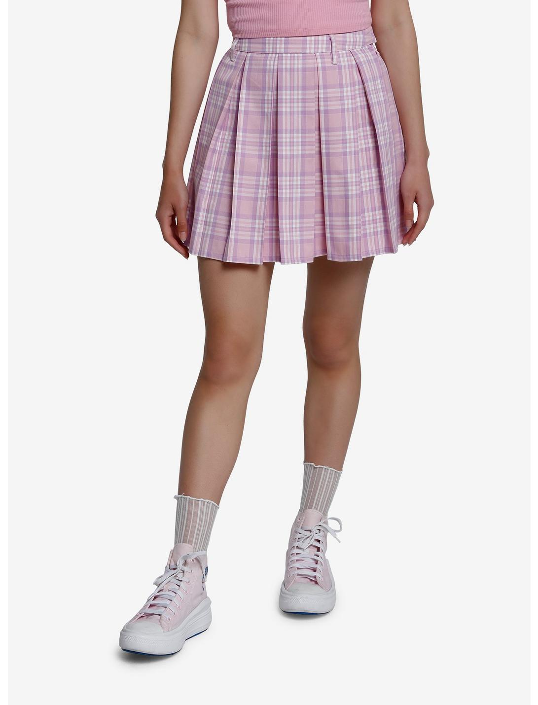 Sweet Society Pink & Lavender Plaid Pleated Skirt, PLAID - PINK, hi-res
