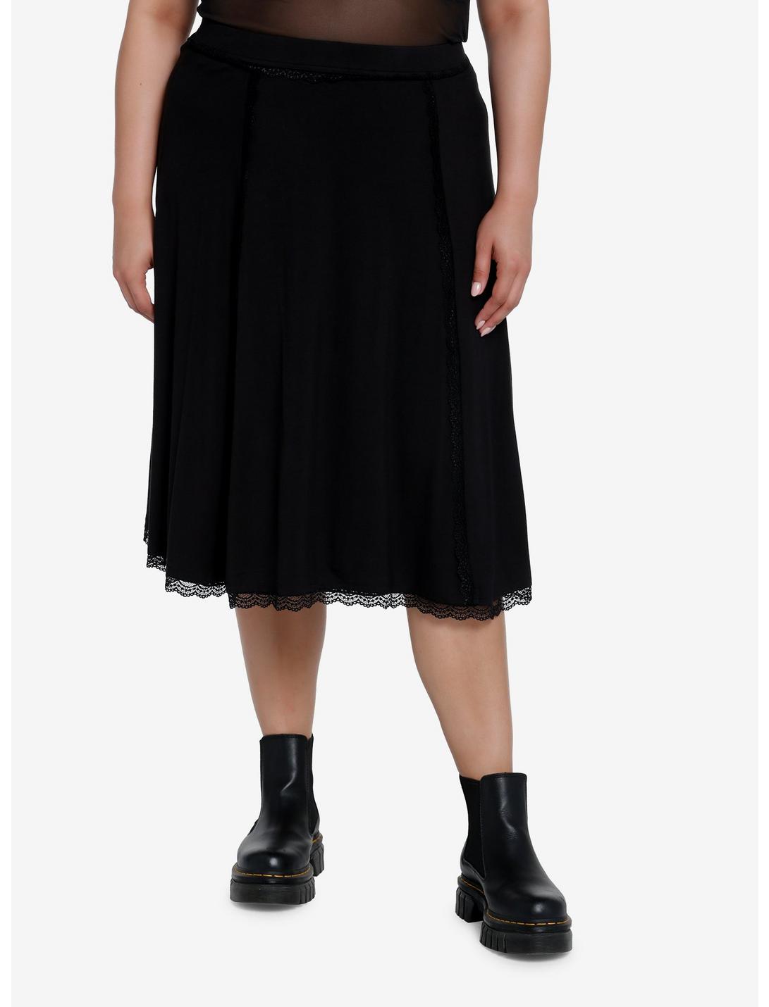 Cosmic Aura Black Lace Midi Skirt Plus Size, BLACK, hi-res