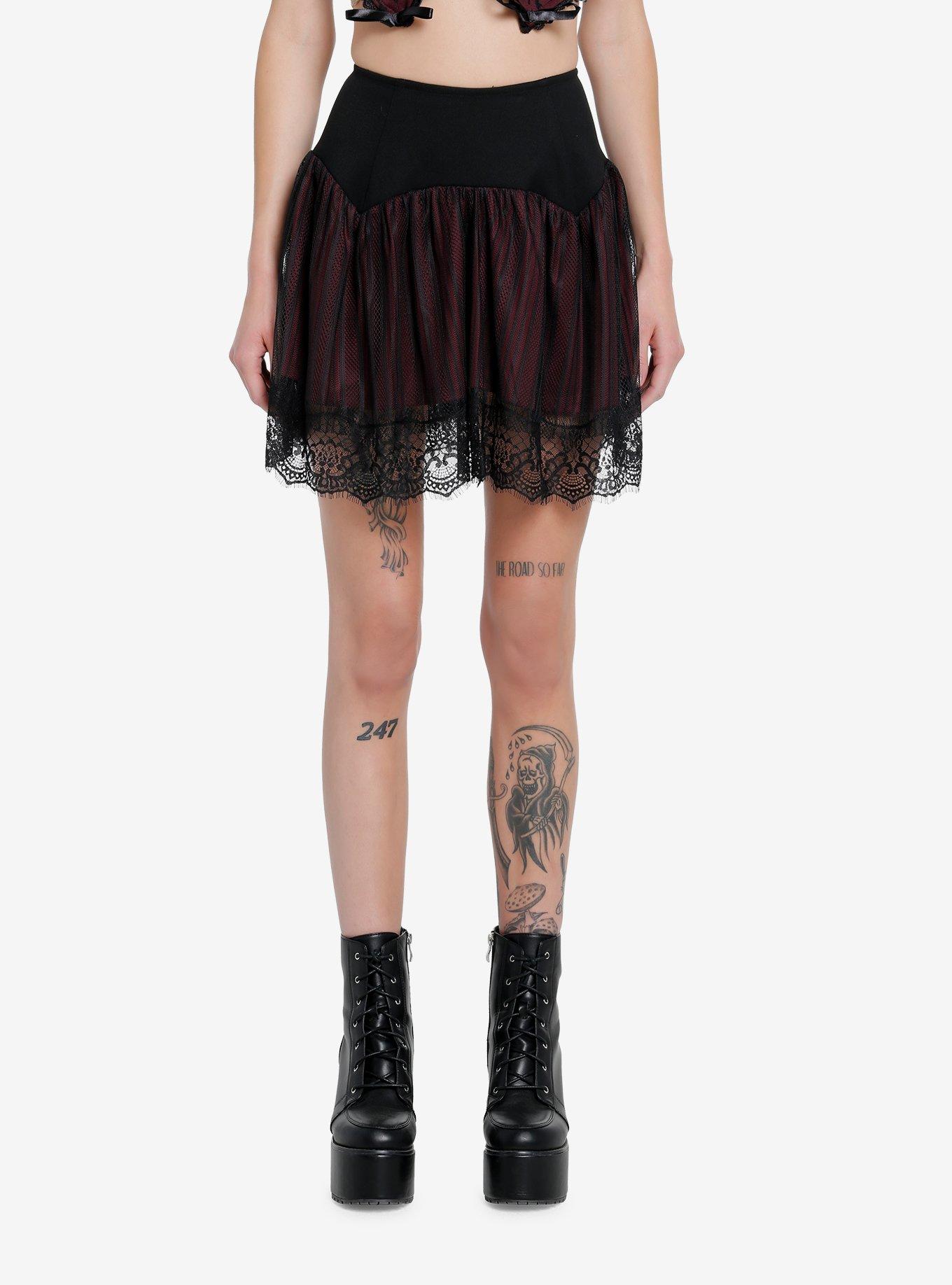 Thorn & Fable Burgundy & Black Lace Mesh Skirt, BLACK, hi-res