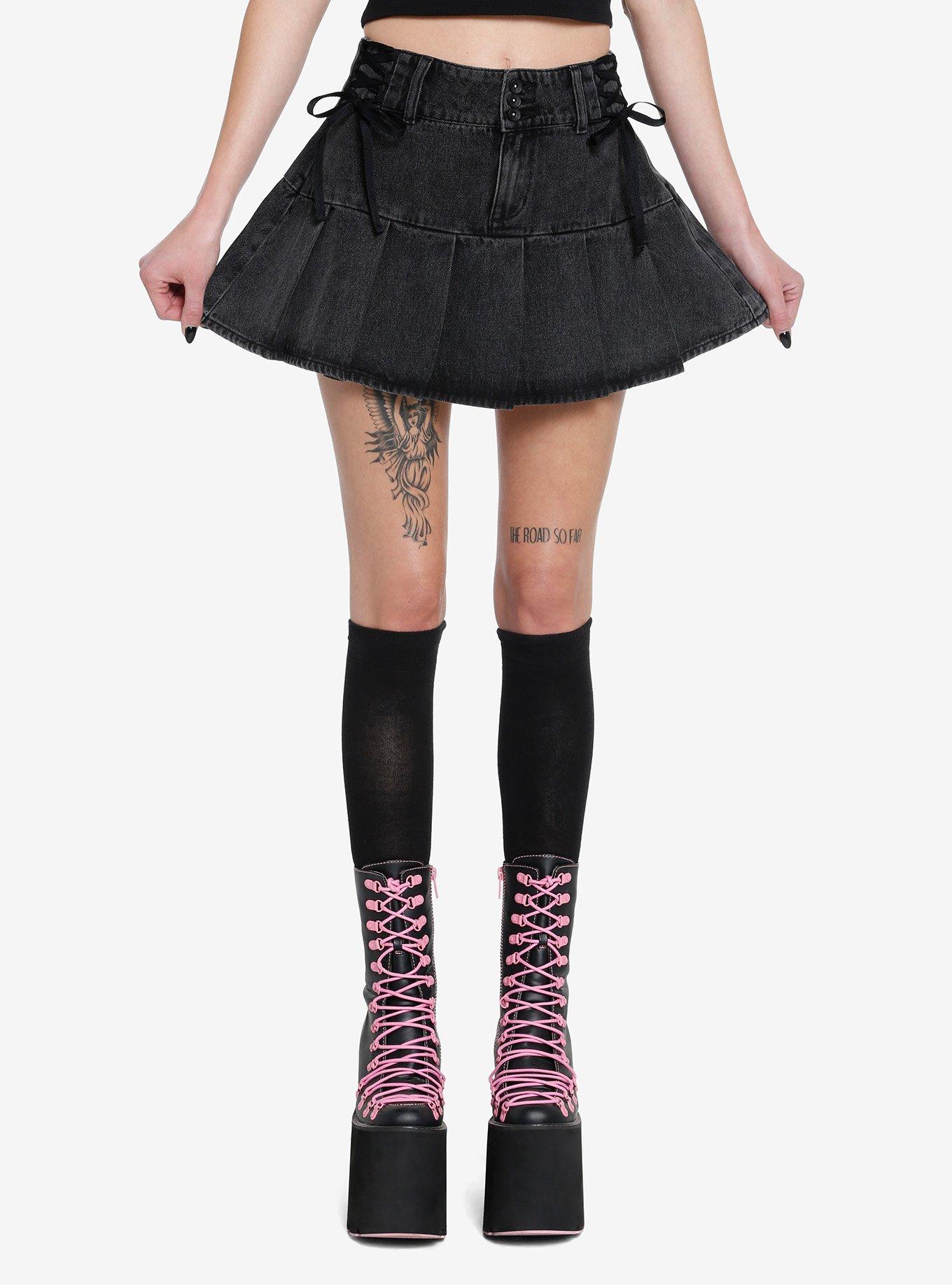 Social Collision Black Lace Up Pleated Denim Skirt Hot Topic