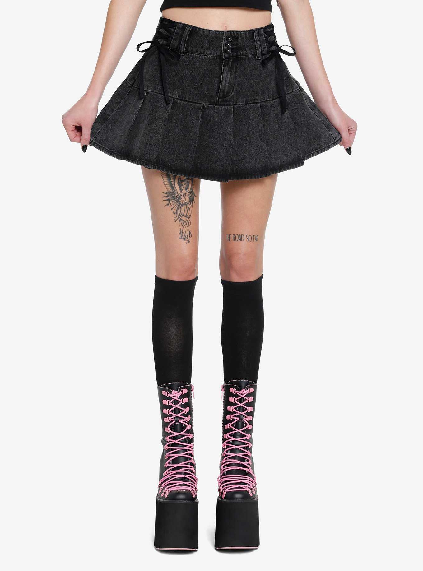 Social Collision Black Lace-Up Pleated Denim Skirt, , hi-res