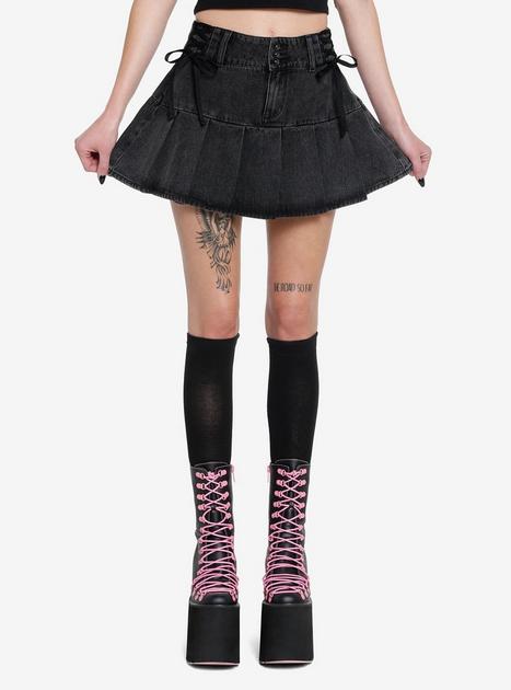 Social Collision Black Lace-Up Pleated Denim Skirt | Hot Topic