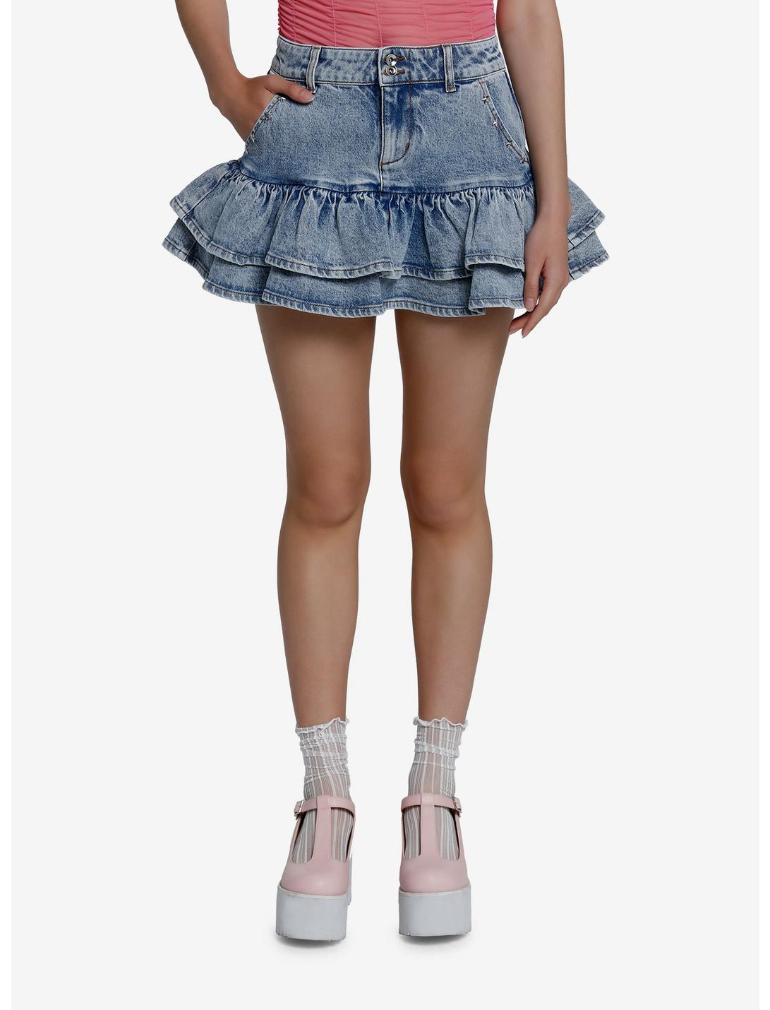 Social Collision Light Indigo Ruffle Denim Skirt With Studs, INDIGO, hi-res