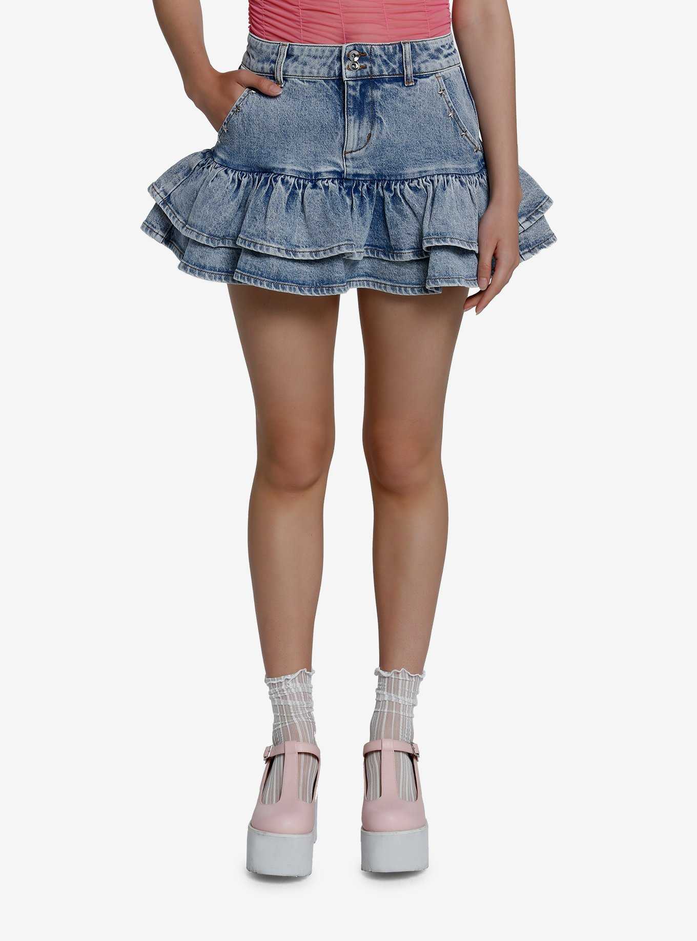 Social Collision Light Indigo Ruffle Denim Skirt With Studs, , hi-res