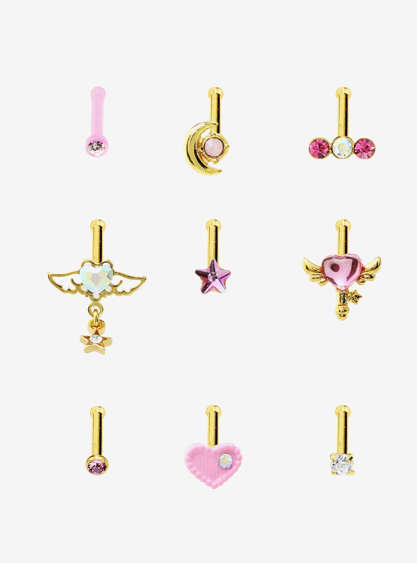 Steel Kawaii Heart Wing Nose Studs 9 Pack, MULTI, hi-res