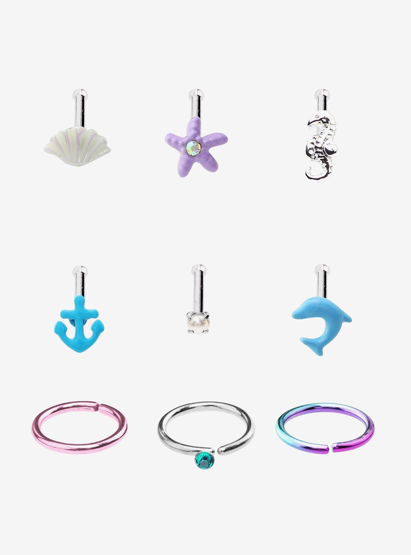 Steel Ocean Creatures Nose Stud & Hoop 9 Pack, MULTI, hi-res