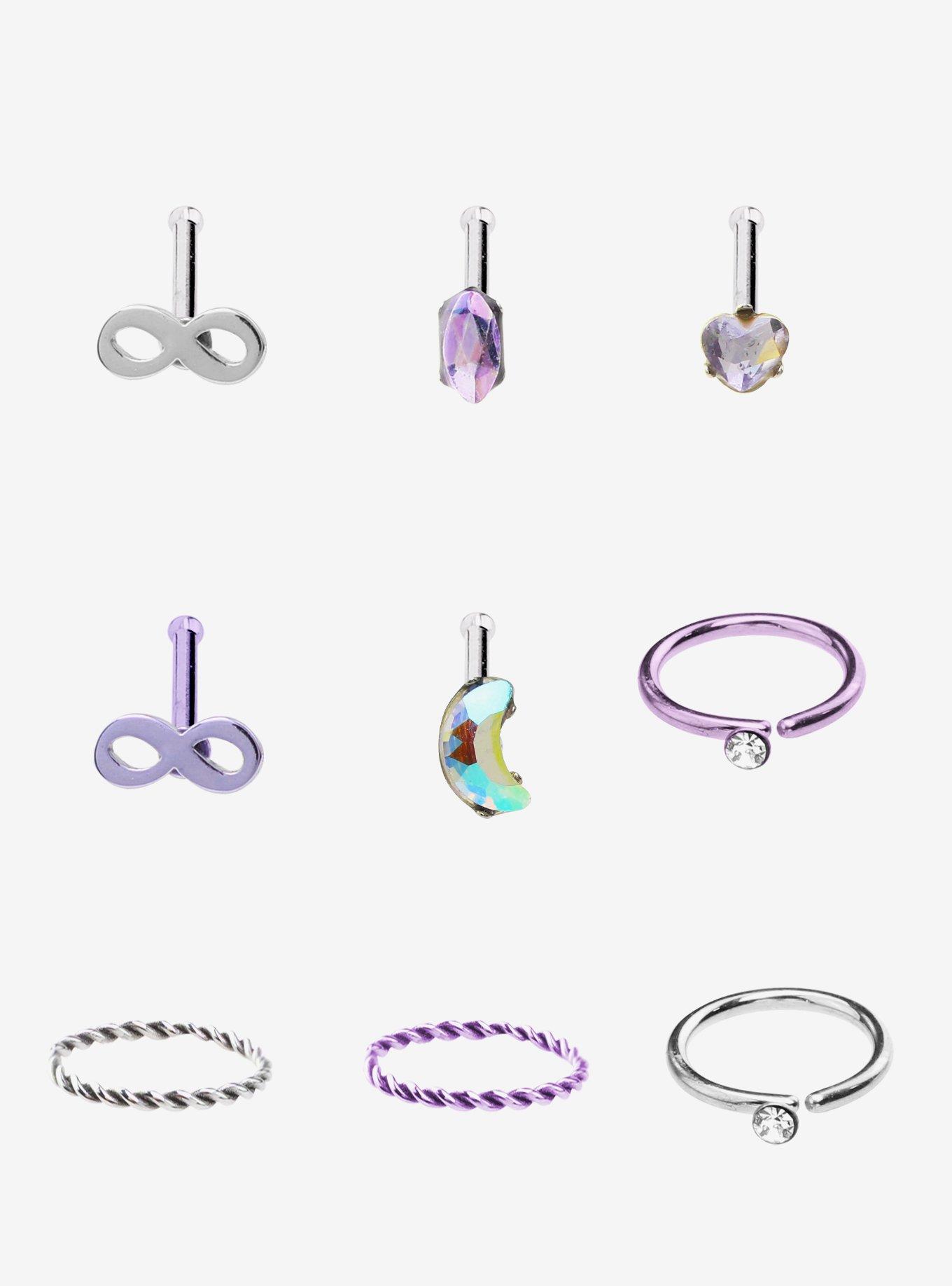 Steel Infinity Gem Nose Stud & Hoop 9 Pack, SILVER, hi-res