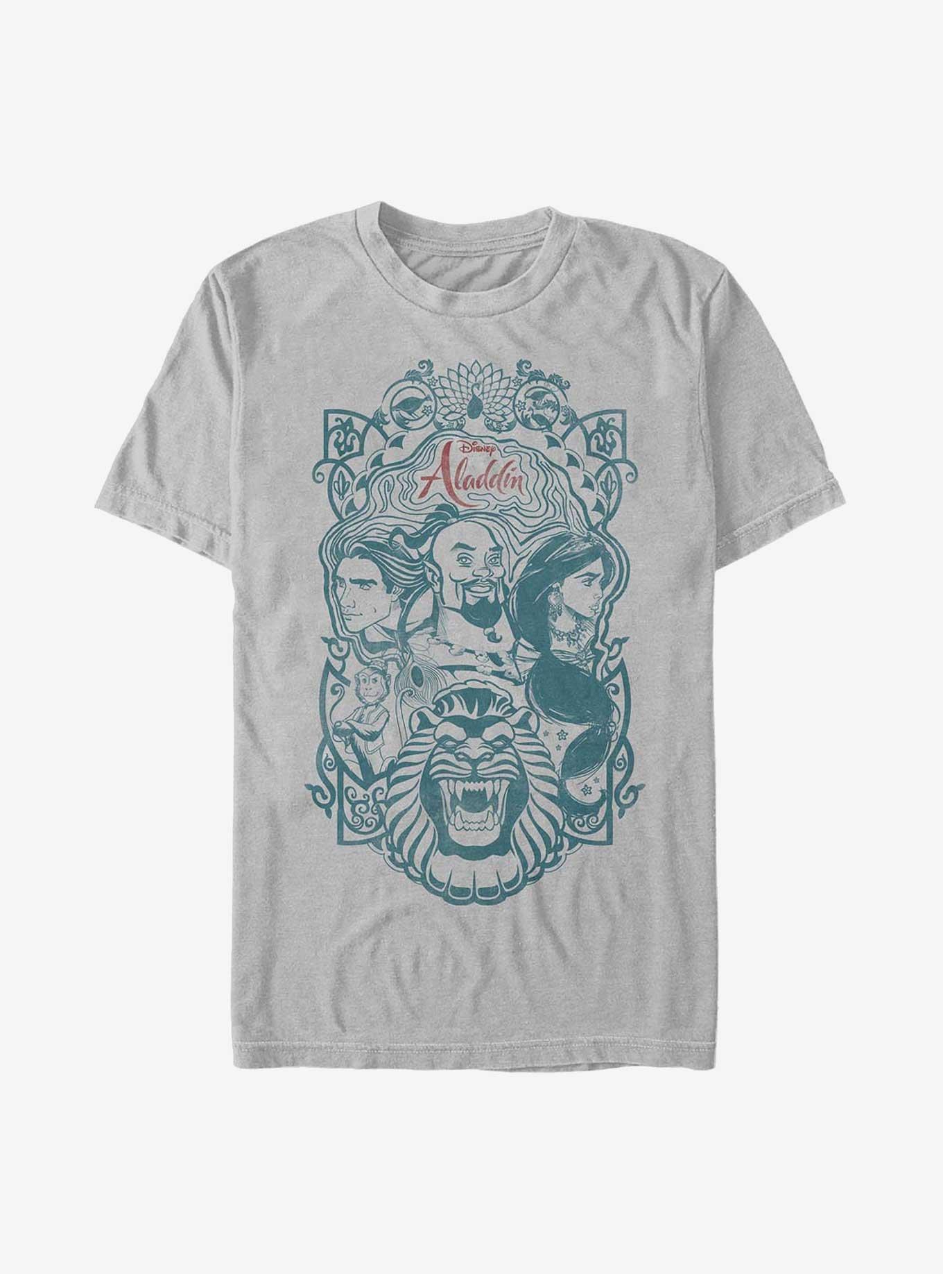 Disney Aladdin Live Action Genie, Aladdin, and Jasmine Nouveau Style Poster T-Shirt, SILVER, hi-res
