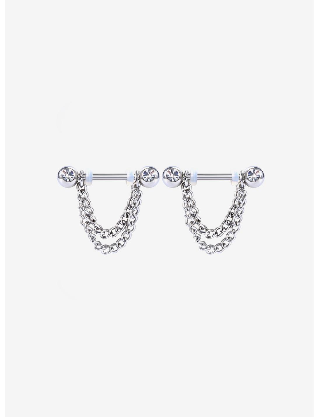 14G Silver Chain Nipple Barbell 2 Pack, , hi-res