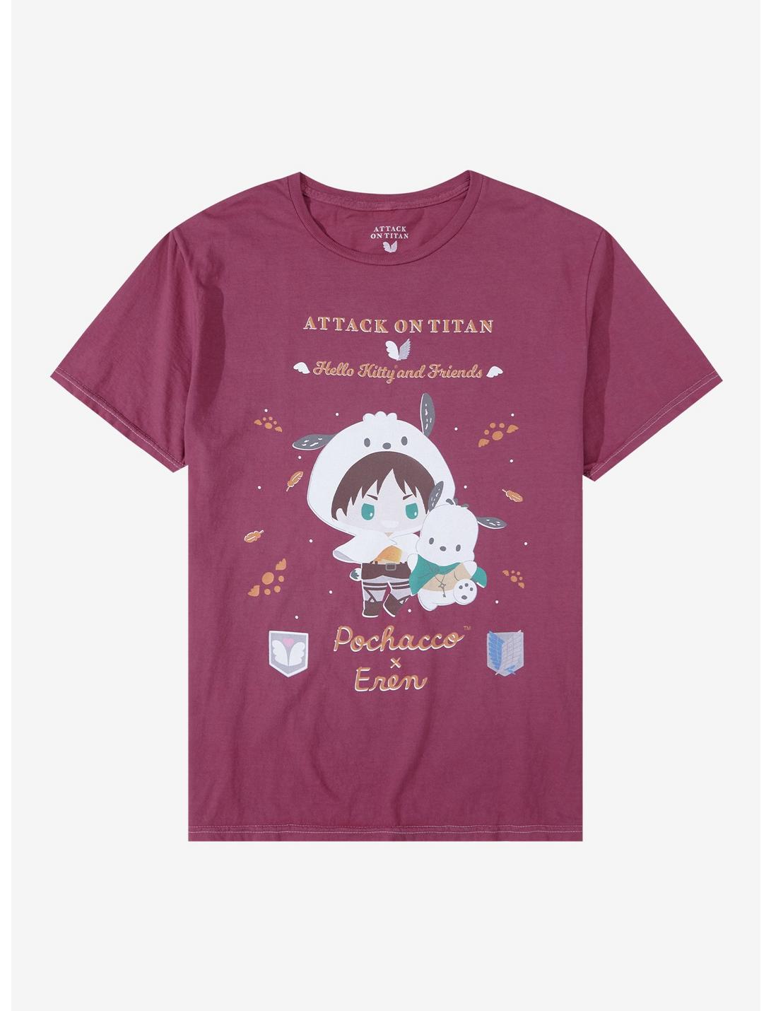 Attack On Titan X Hello Kitty And Friends Pochacco & Eren T-Shirt, MAROON, hi-res