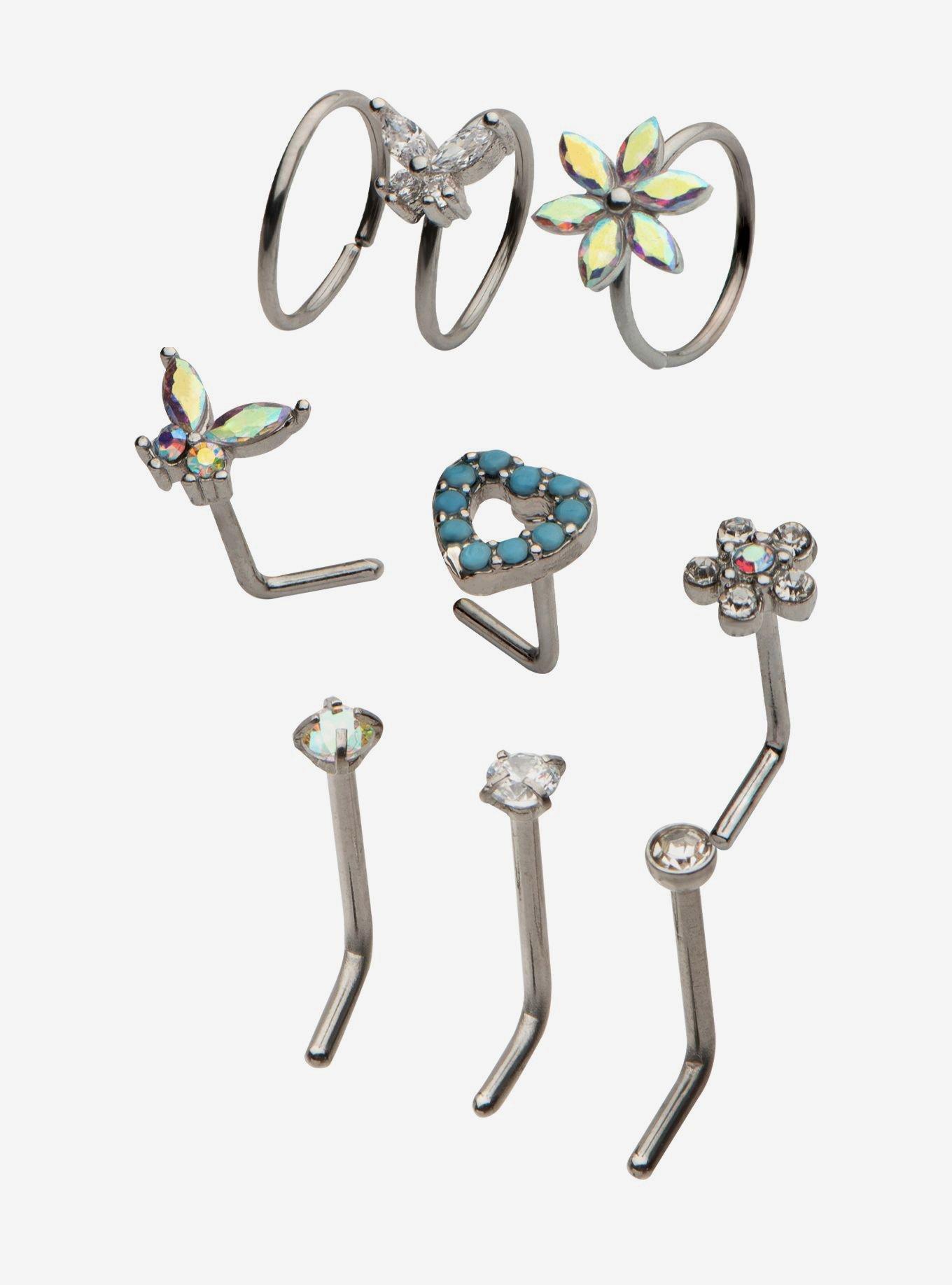 Steel Butterfly Flower Heart Nose Stud & Hoop 9 Pack, , hi-res