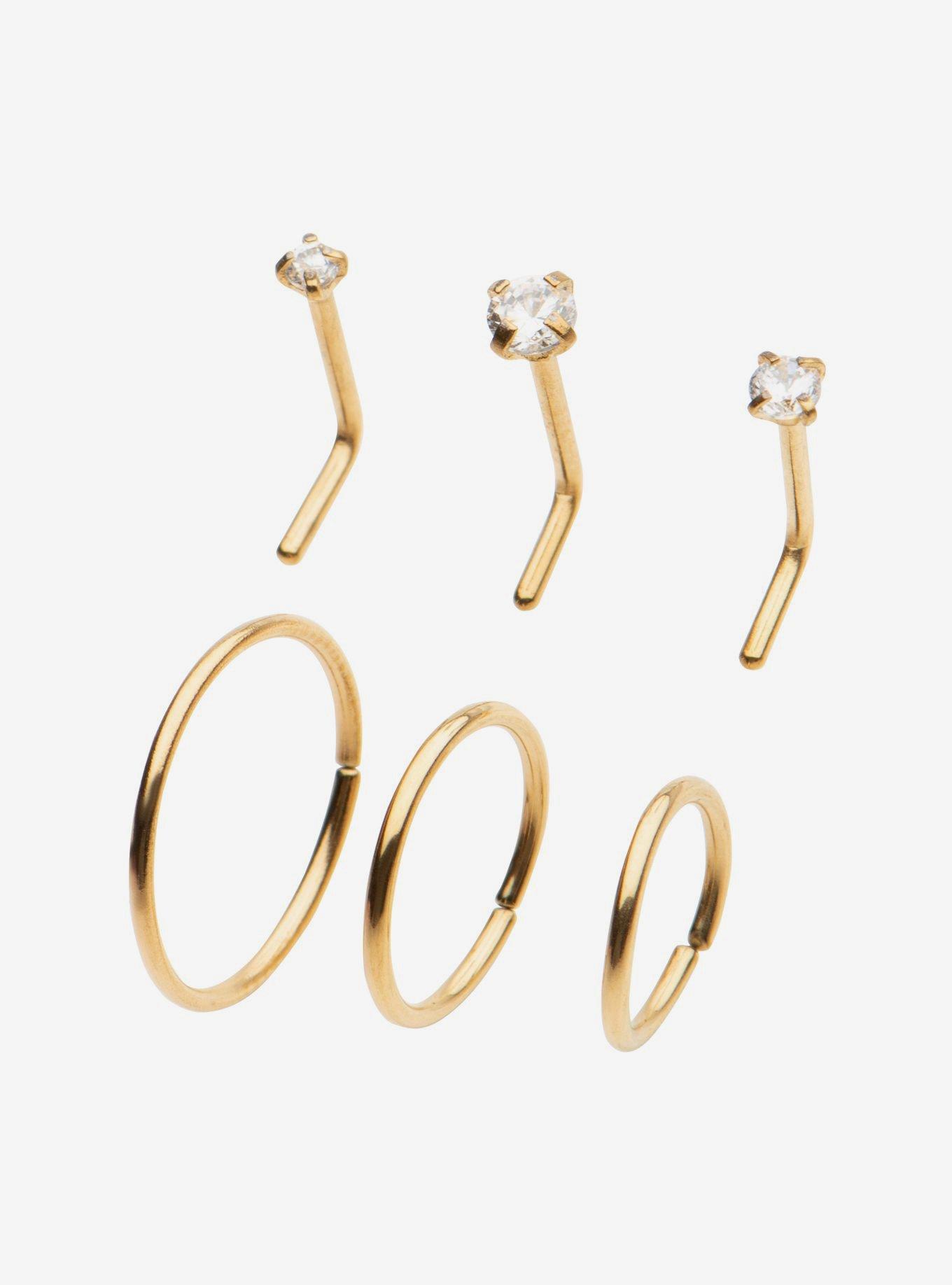 Steel Gold Gem Nose Stud & Hoop 6 Pack, MULTI, hi-res
