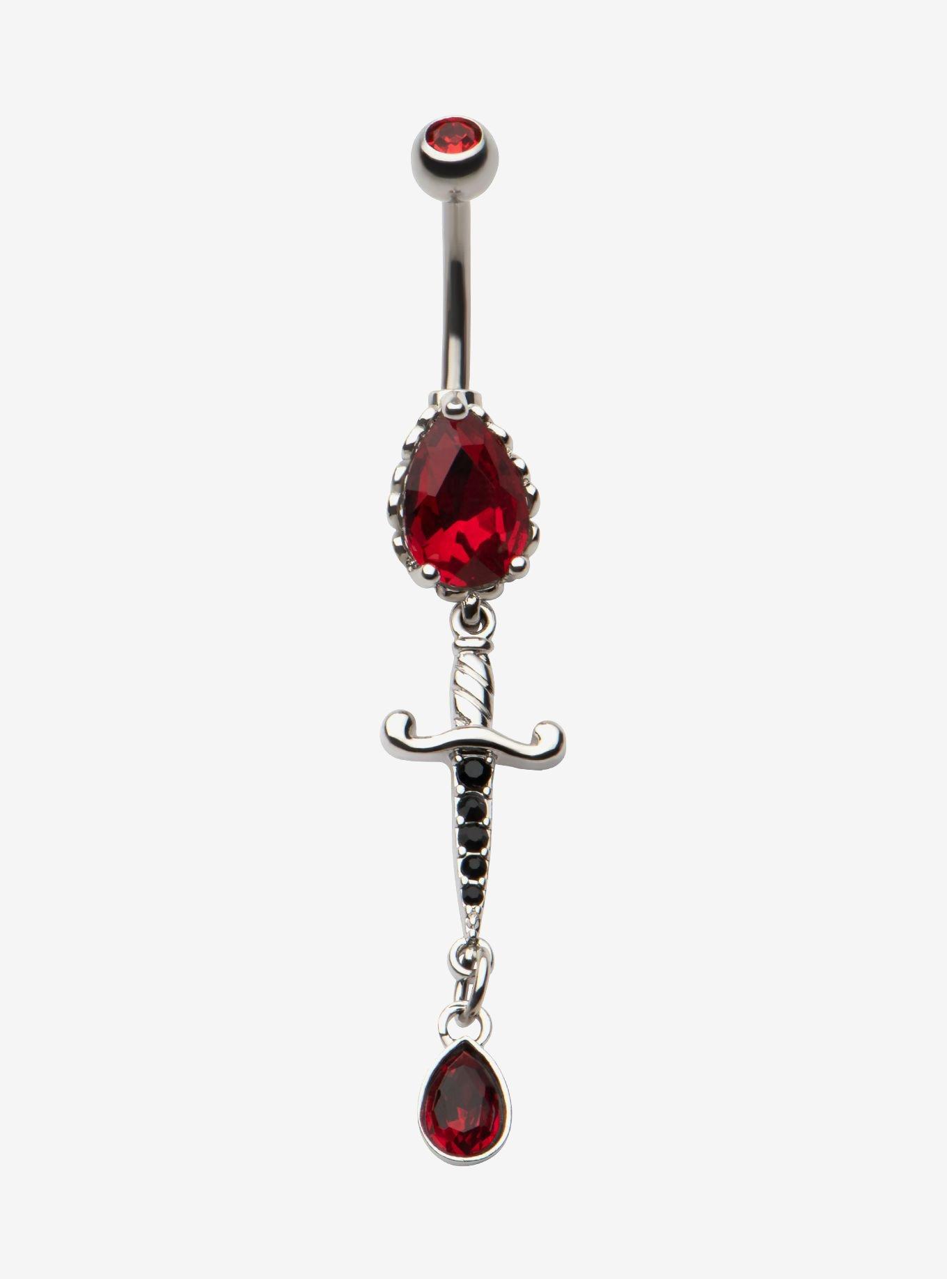 14G Steel Dagger Red Gem Navel Barbell, , hi-res