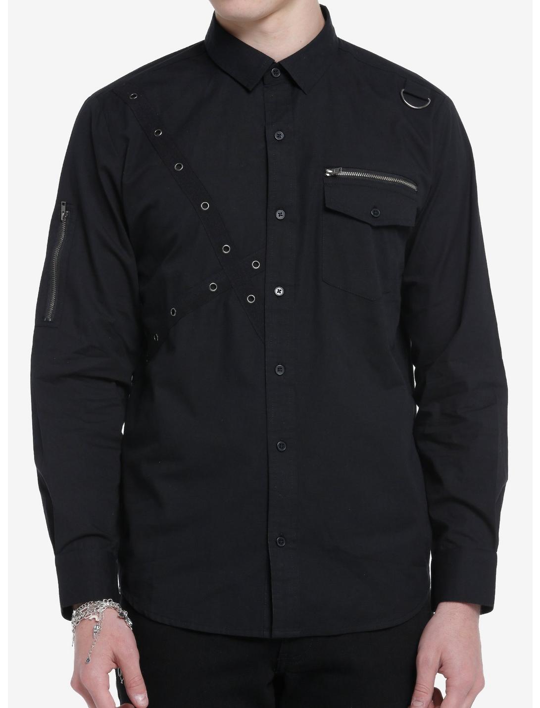 Black Grommet Strap Zipper Long-Sleeve Woven Button-Up, BLACK, hi-res