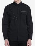 Black Grommet Strap Zipper Long-Sleeve Woven Button-Up, BLACK, hi-res