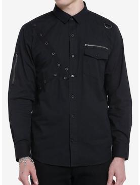 Black Grommet Strap Zipper Long-Sleeve Woven Button-Up, , hi-res