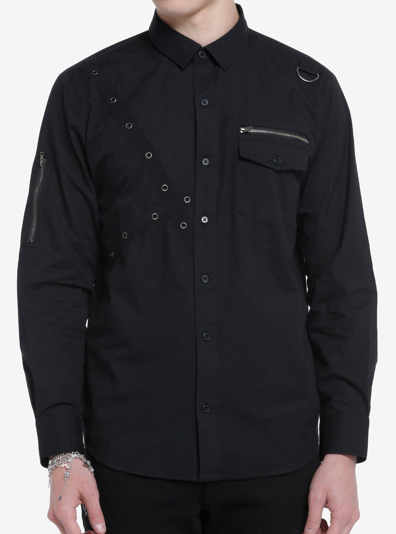 Black Grommet Strap Zipper Long-Sleeve Woven Button-Up, BLACK, hi-res