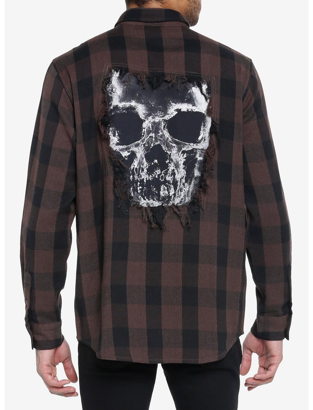 Brown Plaid Skull Rip Woven Button-Up, BROWN, hi-res