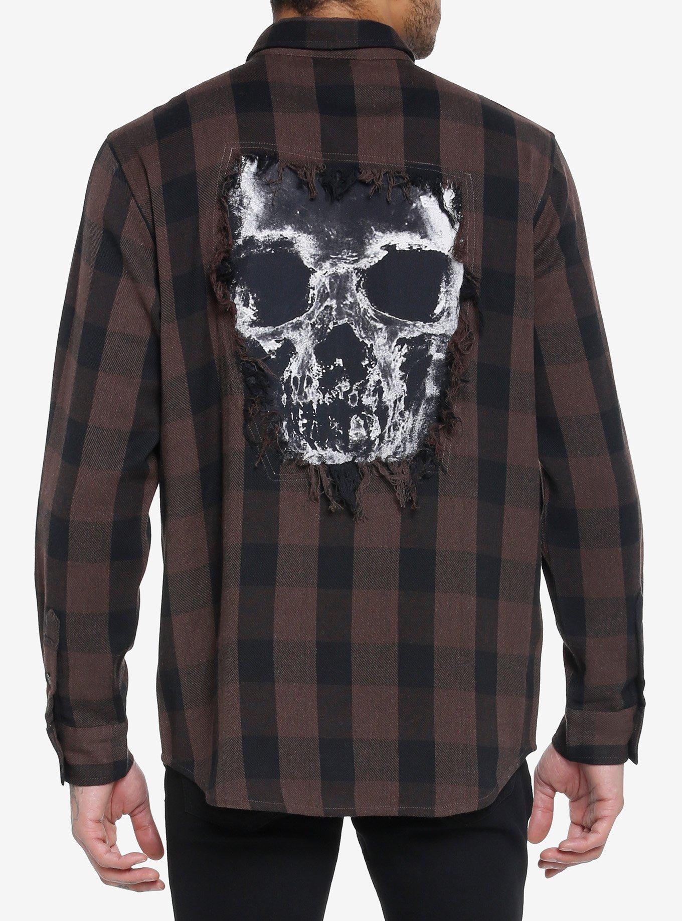 Brown Plaid Skull Rip Woven Button-Up, BROWN, hi-res