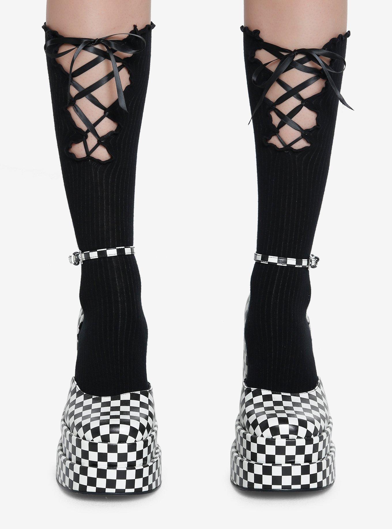 Black Lace-Up Crew Socks, , hi-res