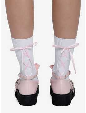 White & Pink Lace-Up Ribbed Crew Socks, , hi-res