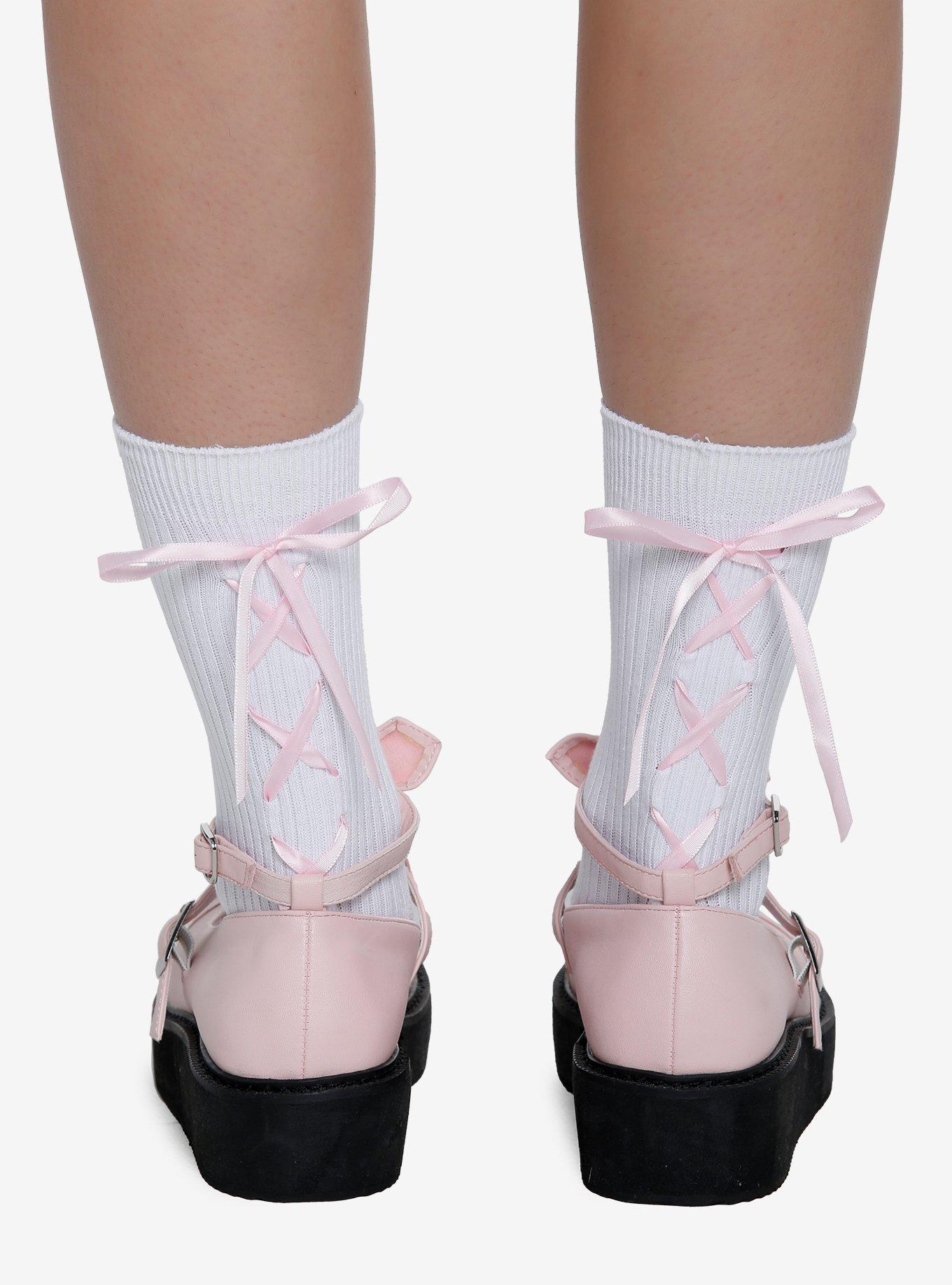 White & Pink Lace-Up Ribbed Crew Socks, , hi-res