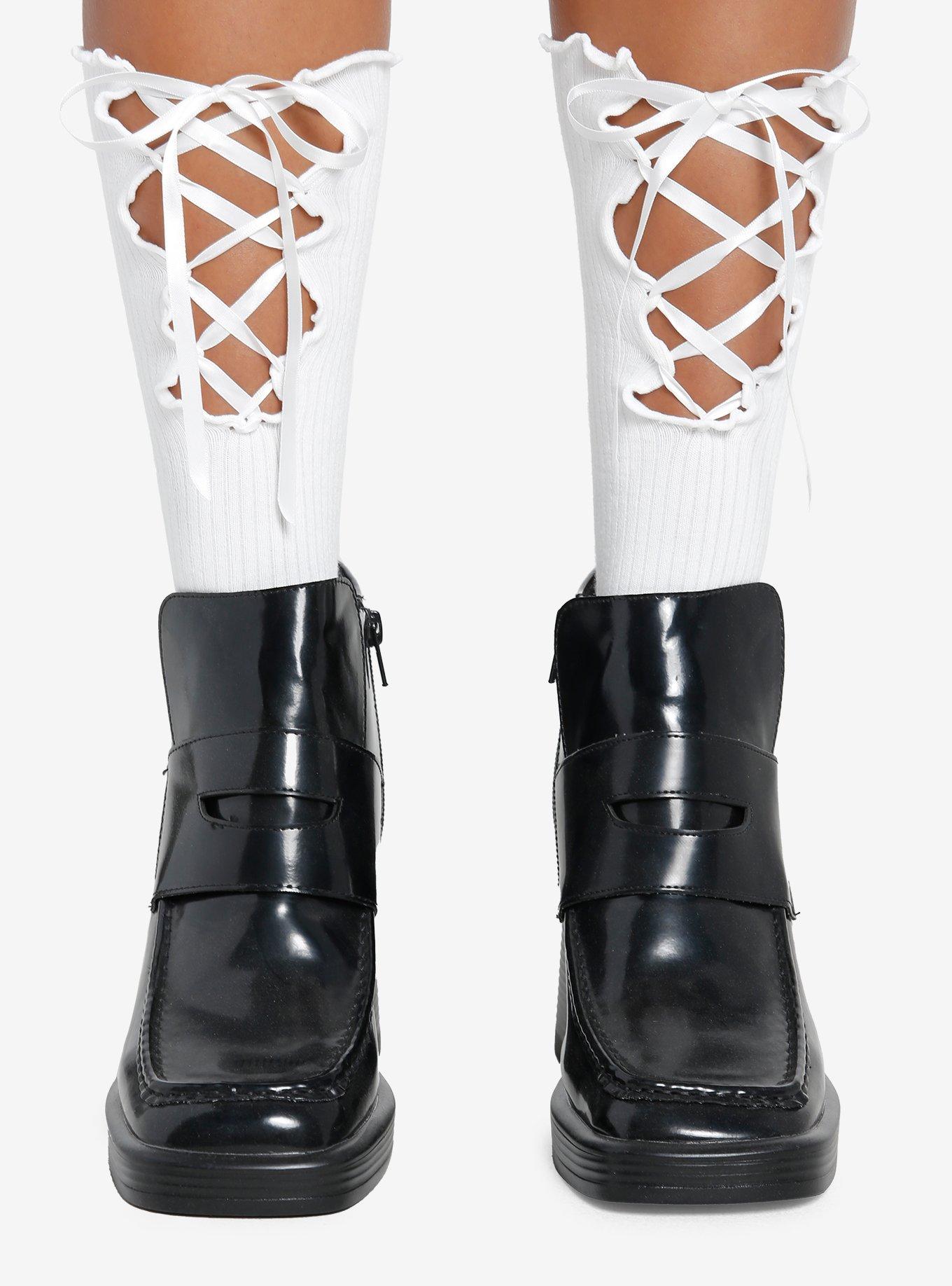 Cream Lace-Up Ribbed Crew Socks, , hi-res