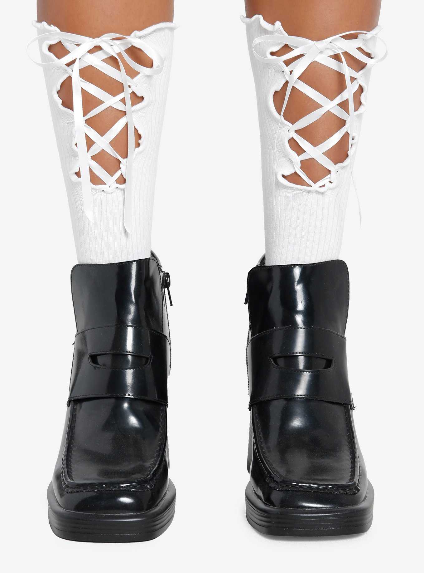 Cream Lace-Up Ribbed Crew Socks, , hi-res