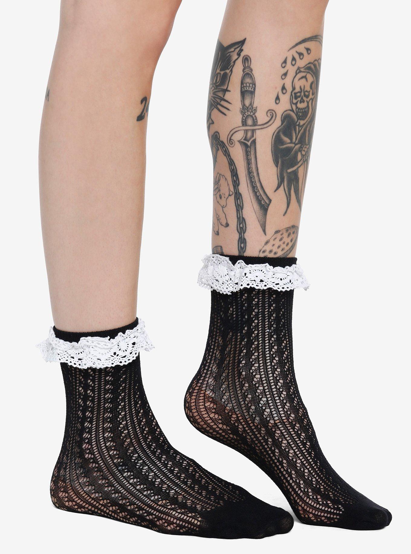 Black Crochet Lace Ankle Socks, , hi-res