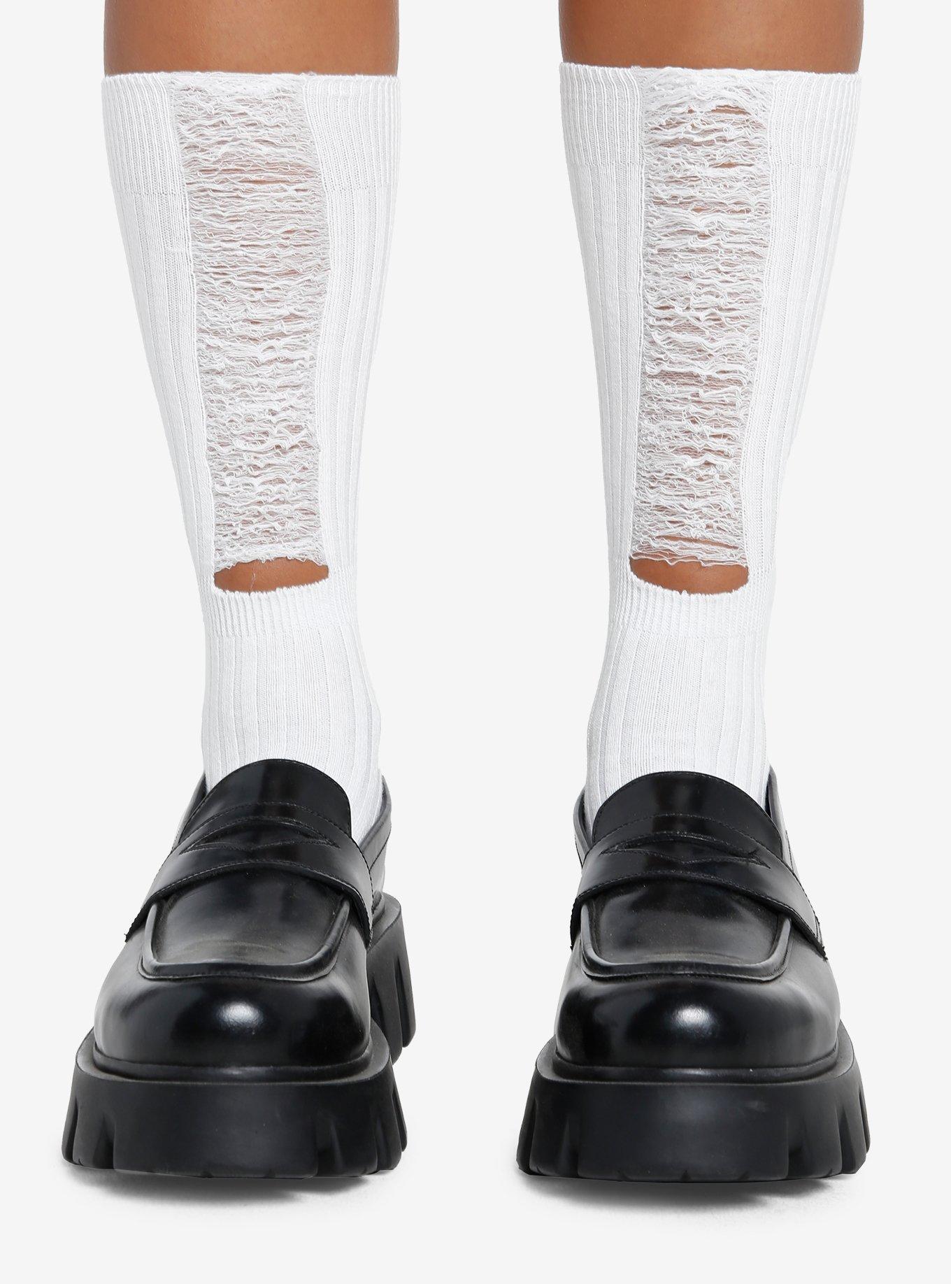 White Distressed Crew Socks, , hi-res
