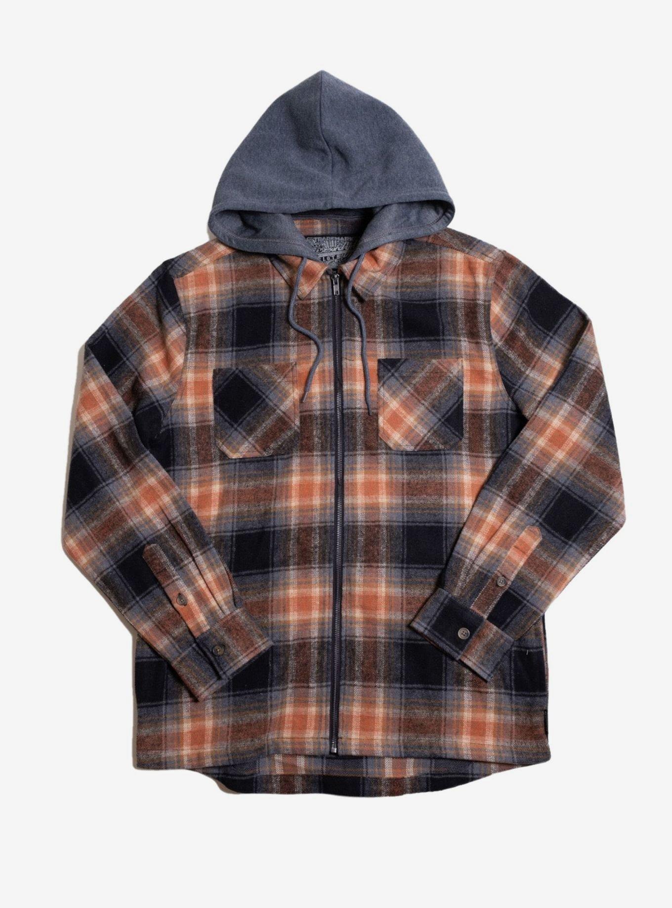 Brown Flannel Hooded Zip Shacket, BROWN, hi-res