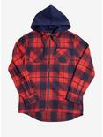 Red Navy Flannel Hooded Zip Shacket, RED, hi-res